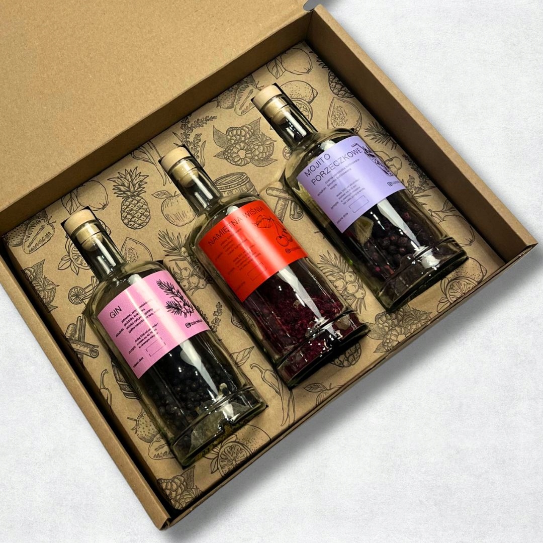 Sada na výrobu likérů: 3 láhve jako dárek, 21 příchutí na výběr, box/koš