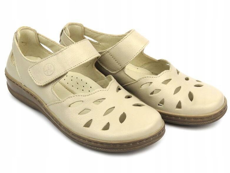 PÓŁBUTY DAMSKIE HELIOS 4043 AŻUROWE SKÓRZANE ECRU Wzór dominujący geometryczny