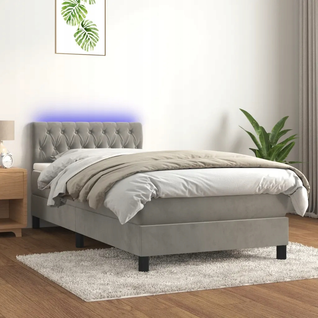 vidaXL Box spring postel s matrací a Led světle šedá 100x200 cm samet