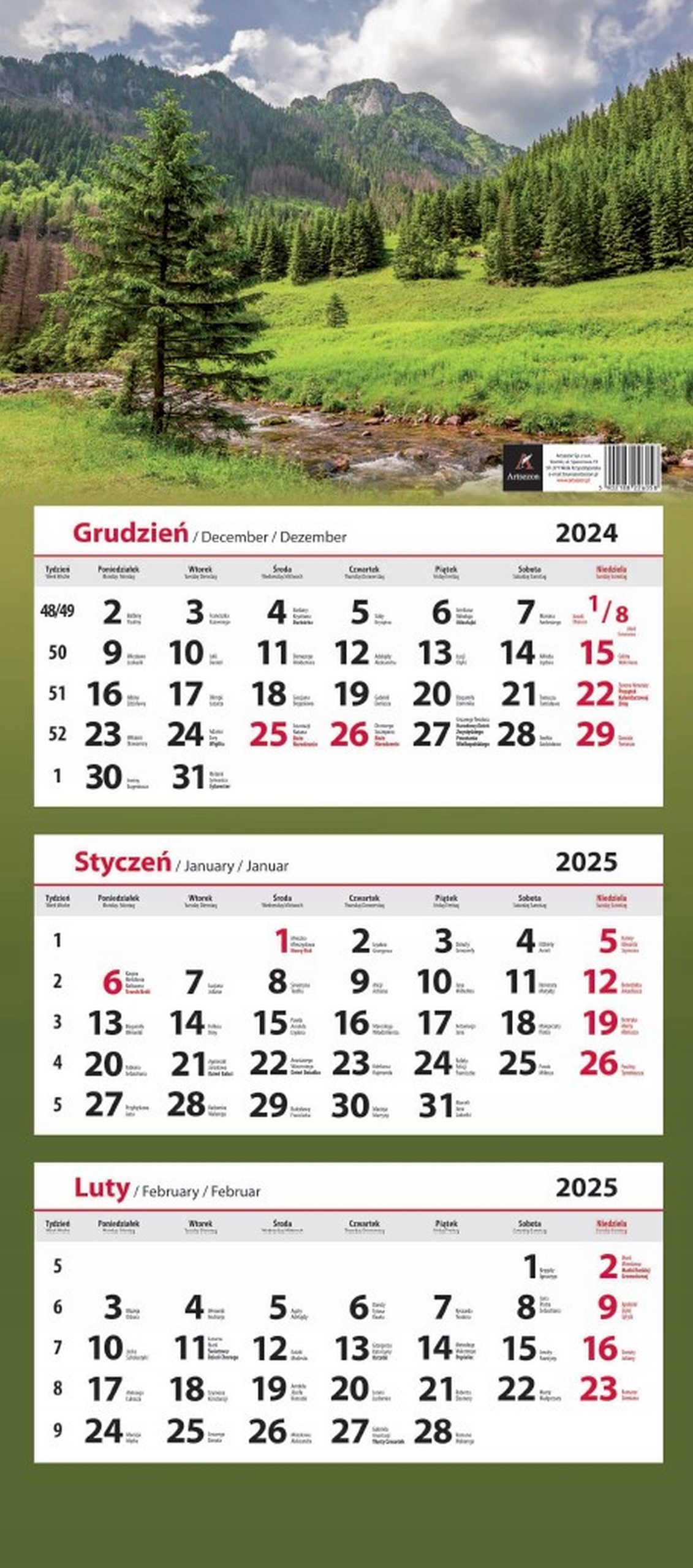 Kalendarz trójdzielny ścienny 2025
