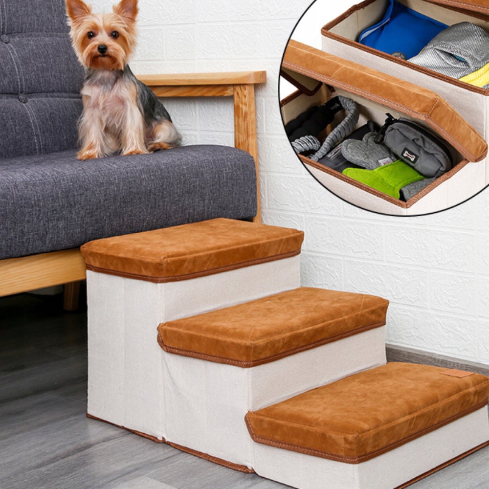 Levně Skládací schody pro domácí mazlíčky, 3 úrovně, s úložným prostorem, pro malé psy a kočky, hnědé