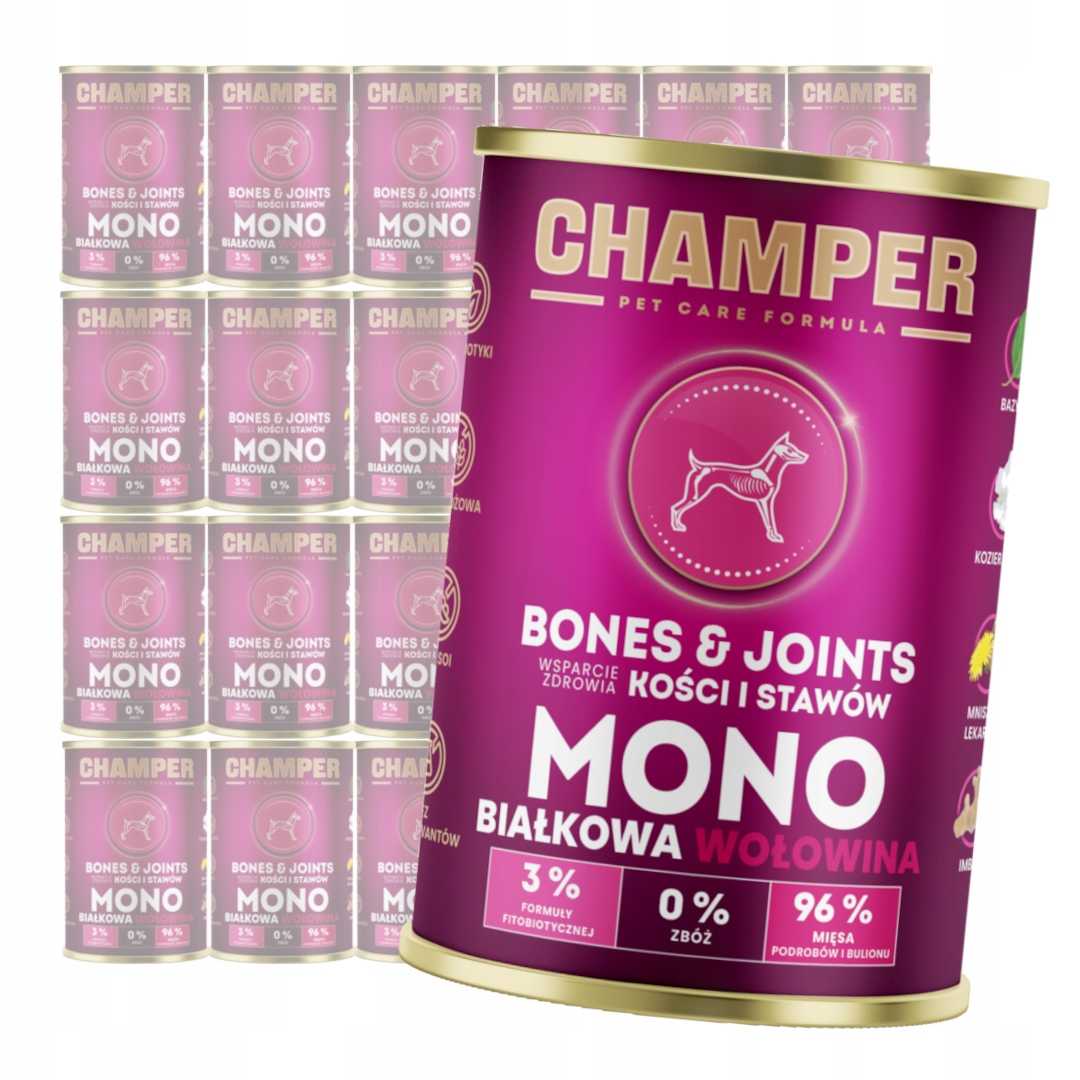 Levně Champer Bones & Joints 24x400 g Monoproteinové Vlhké Krmivo pro psy s hovězím masem