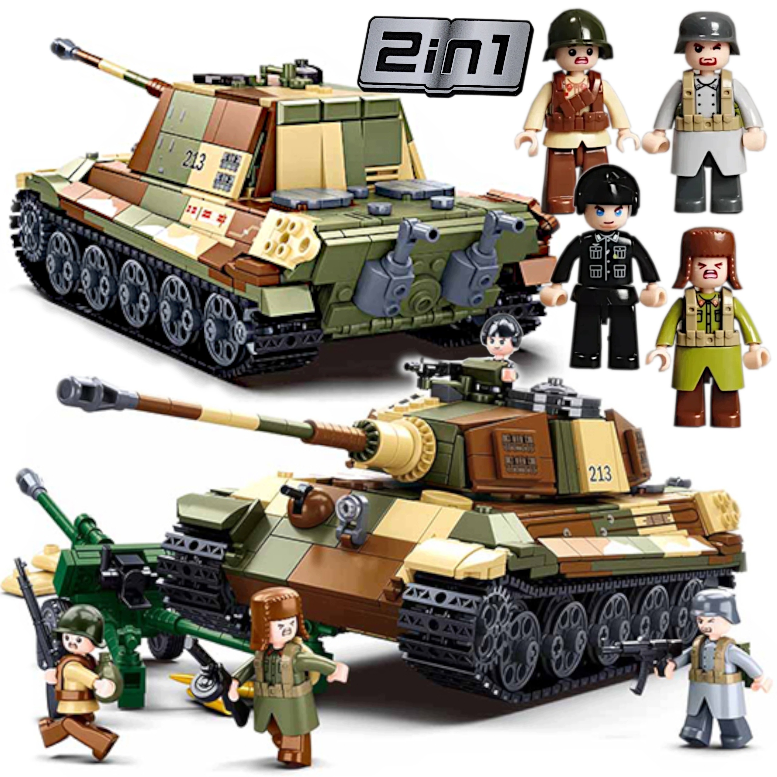 Klocki wojskowe Czołg Tygrys Jagdpanther 2w1 930 el 4 figurki armia Wwii