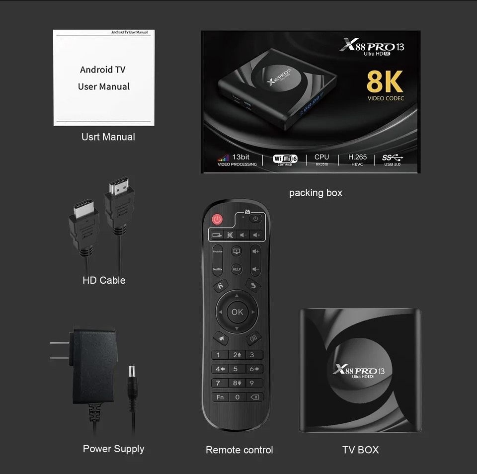 Dekoder Smart TV box X88pro,2/16GB, Wifi 6, Android 13, odtwarzacz HDD Model X88pro