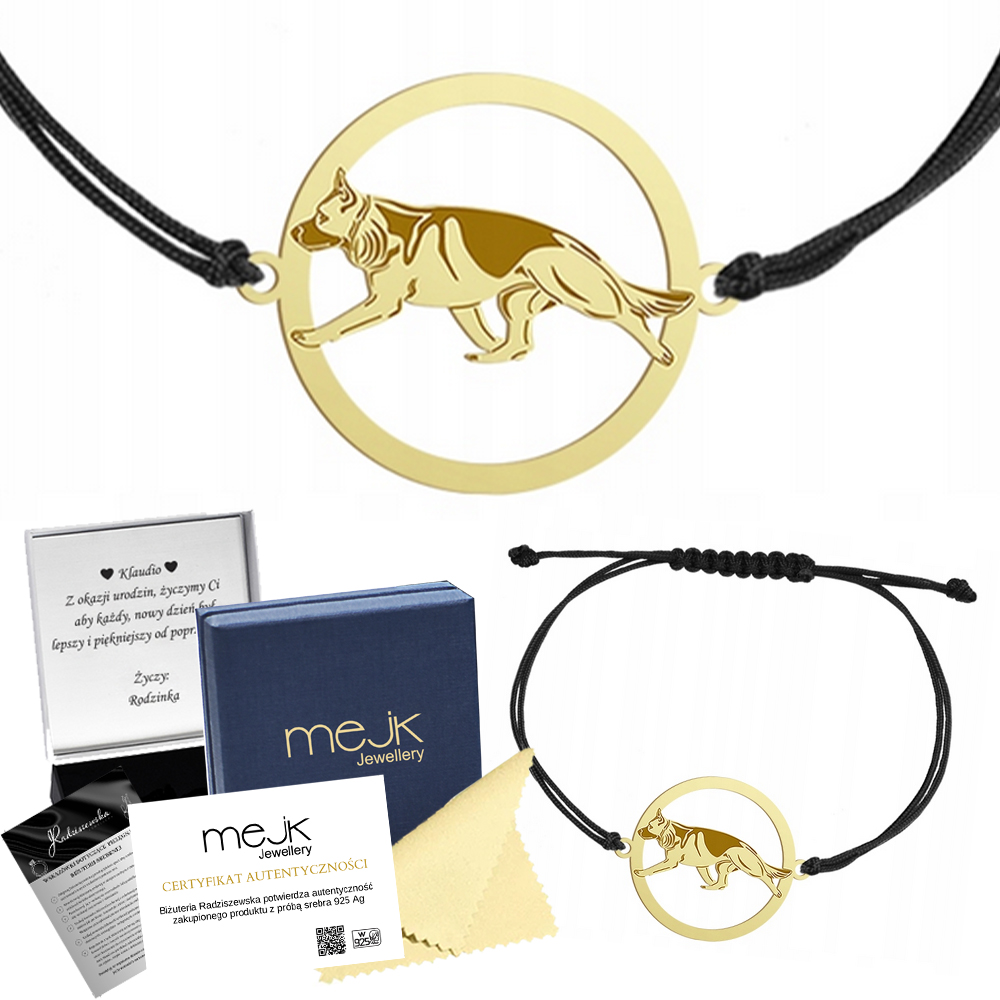 Zlatý náramek Německý ovčák 925 Šňůra Šperky Dárek Gravírování