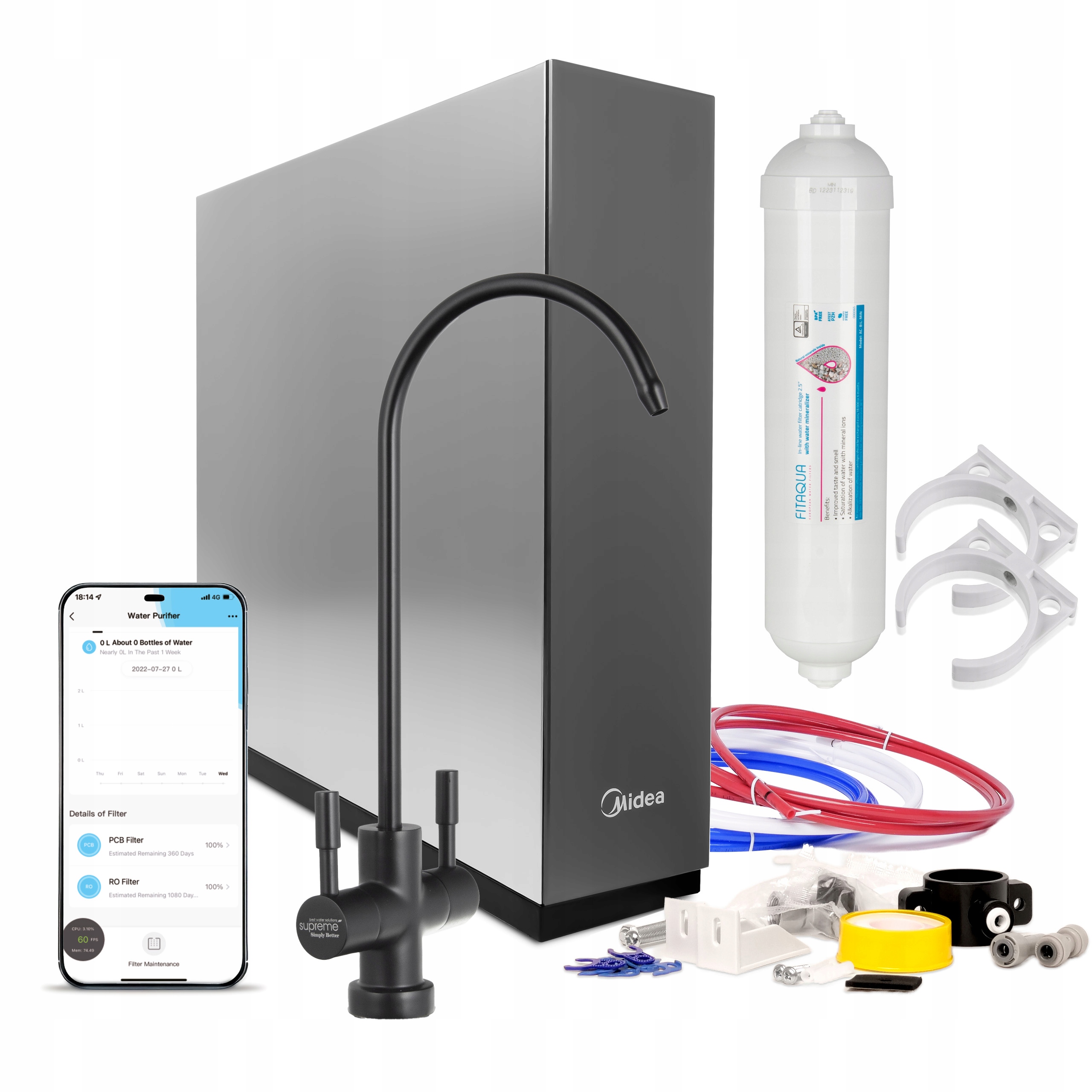 Midea 600GPD Bezzbiornikowy filtr odwróconej osmozy WiFi Mineralizator