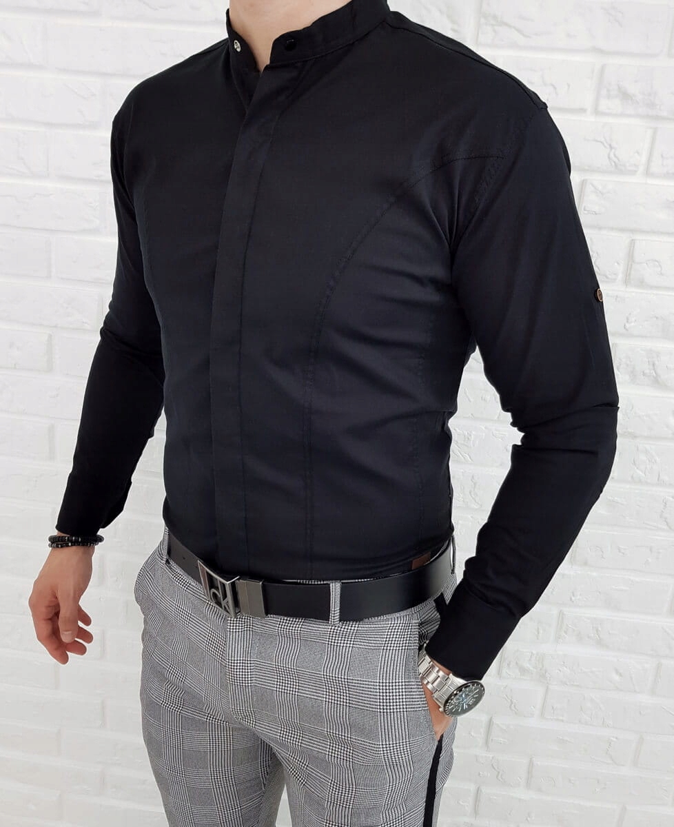 Czarna meska koszula ze stojka z kryta plisa - XXL Marka inna