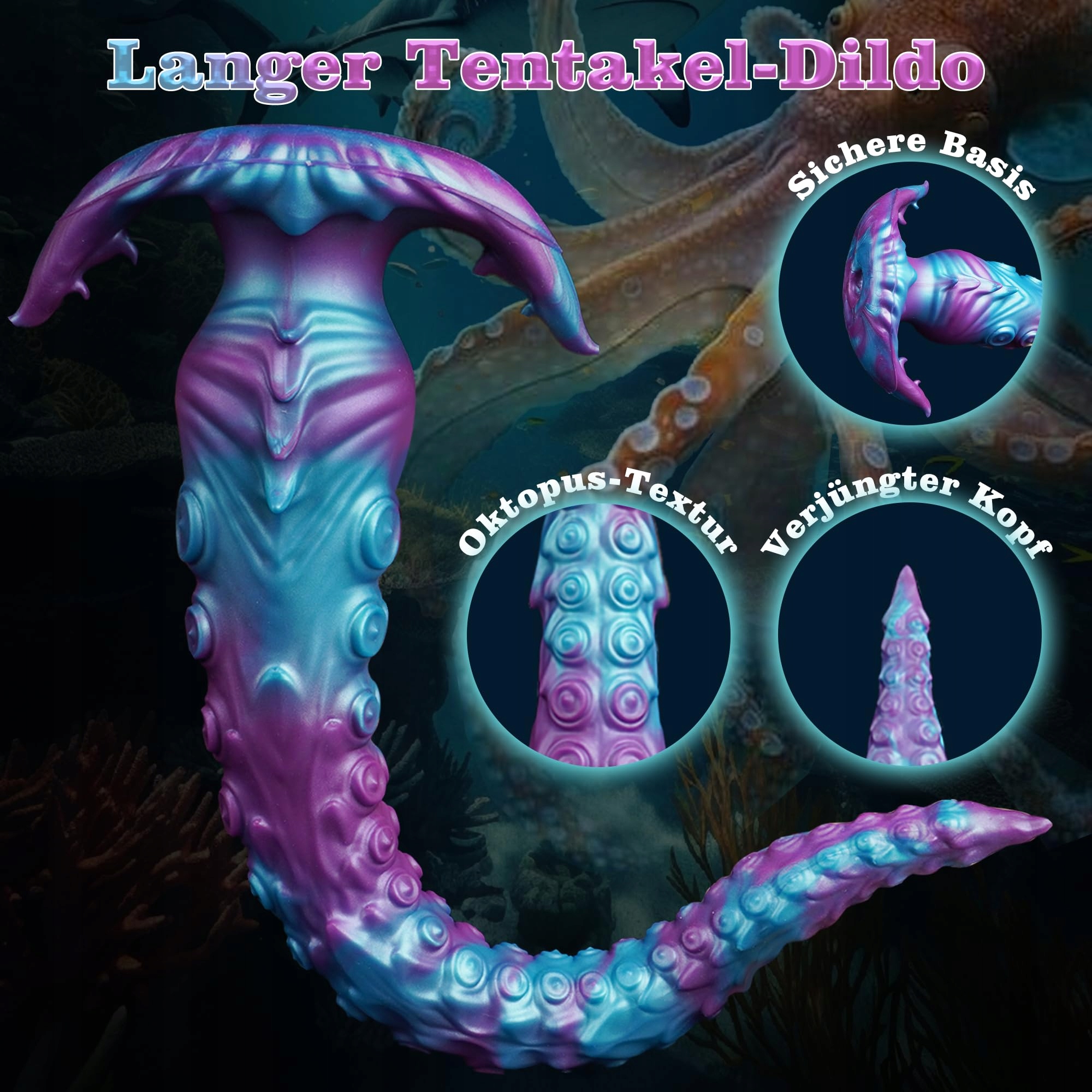 XXL Fantasy Dildo Tentakel Lila Turkus 40cm Tekstura Ośmiornicy — miniatura 3