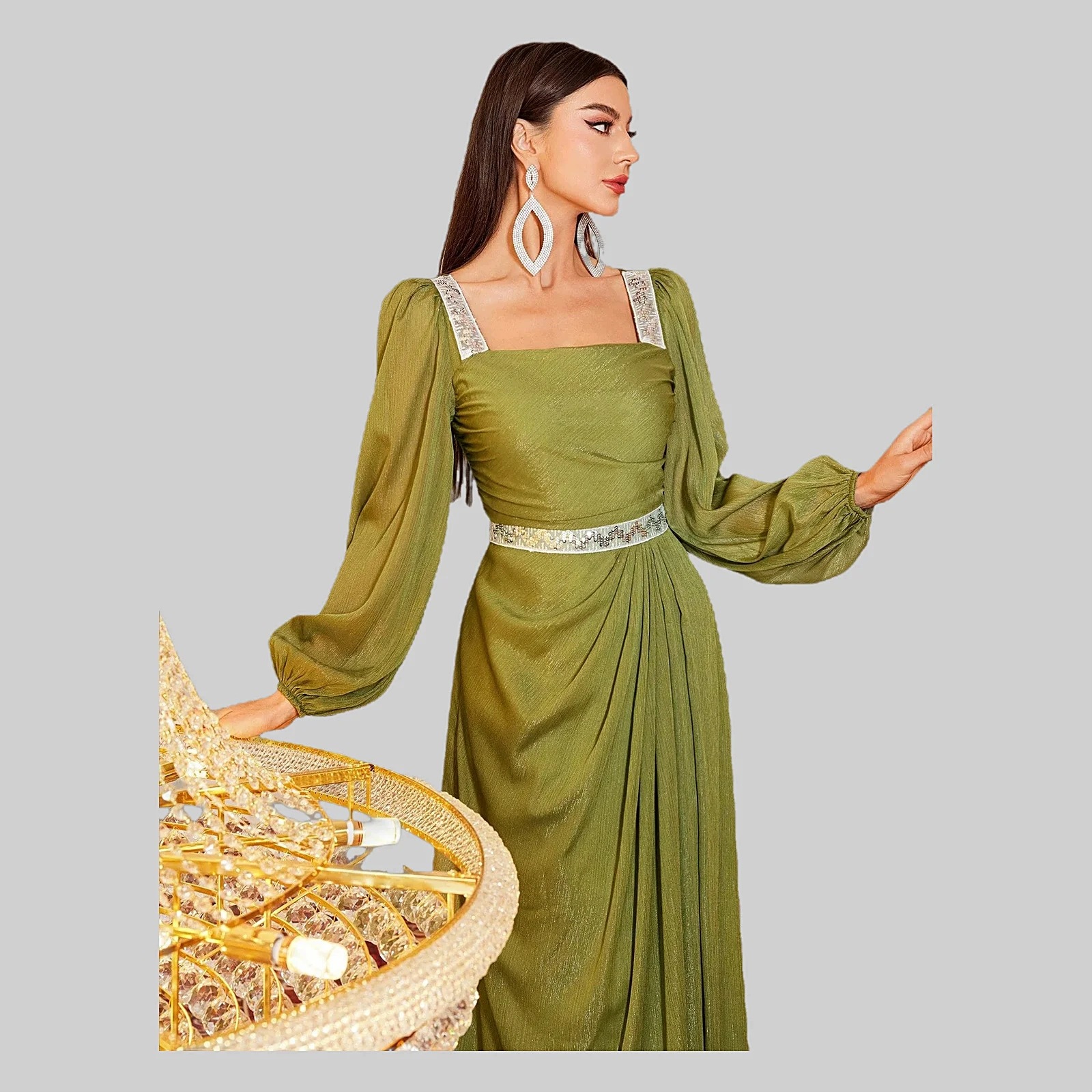 Šaty V arabském stylu Maxi je elegantní a zdobená lesklou barvou