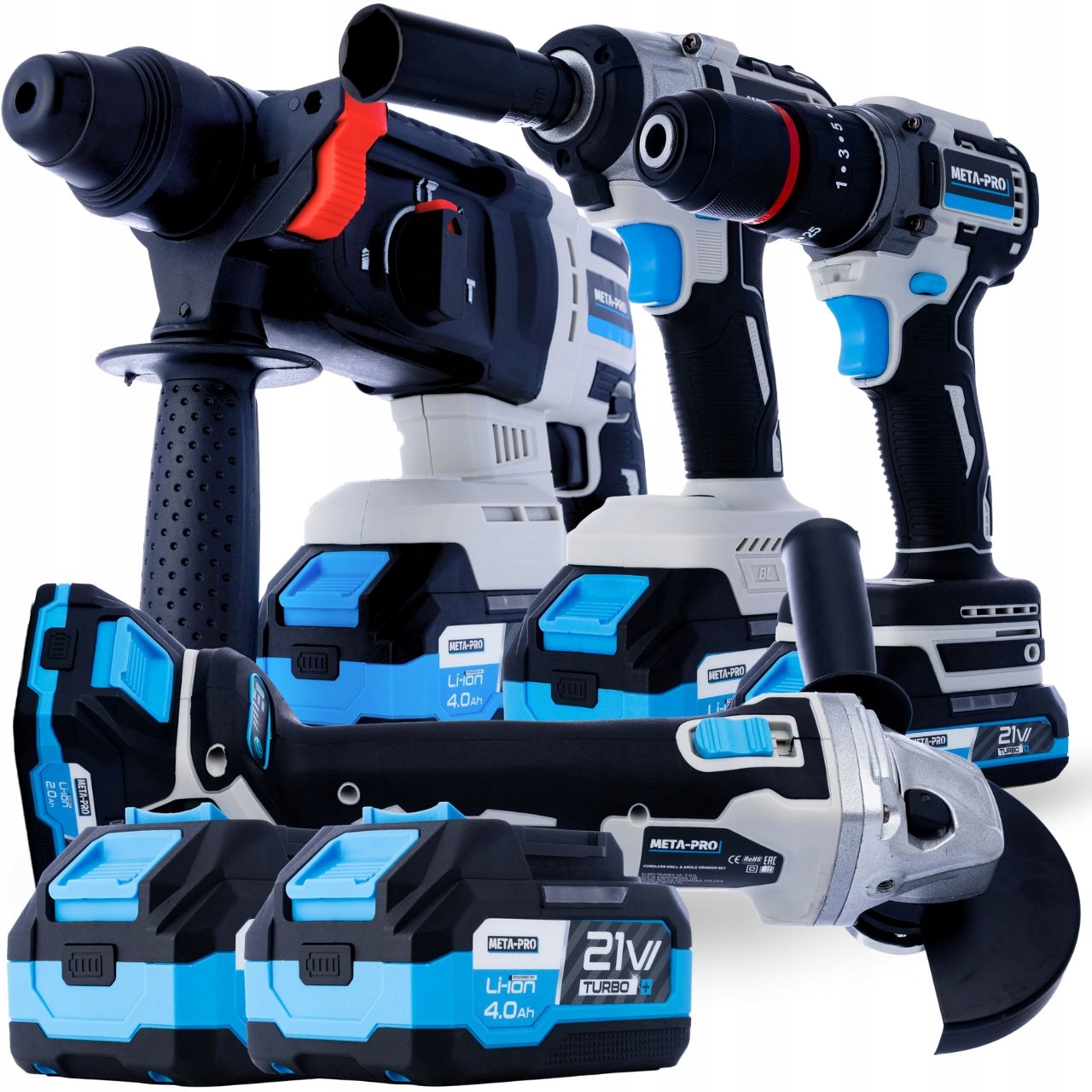 Zestaw Narzędzi Akumulatorowych 4w1 21V 4Ah Młot Klucz Szlifierka Wkrętarka