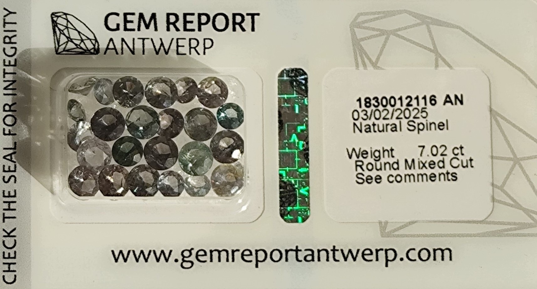 Spinely – 27 ks, celkem 7,02 ct – Certifikát drahých kamenů (gra)