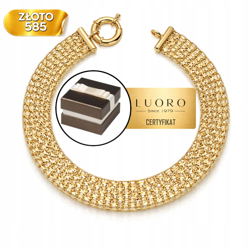 Náramek Zlatý 585 14K Kroužek Diamantový 21 CM Elegantní Piatto