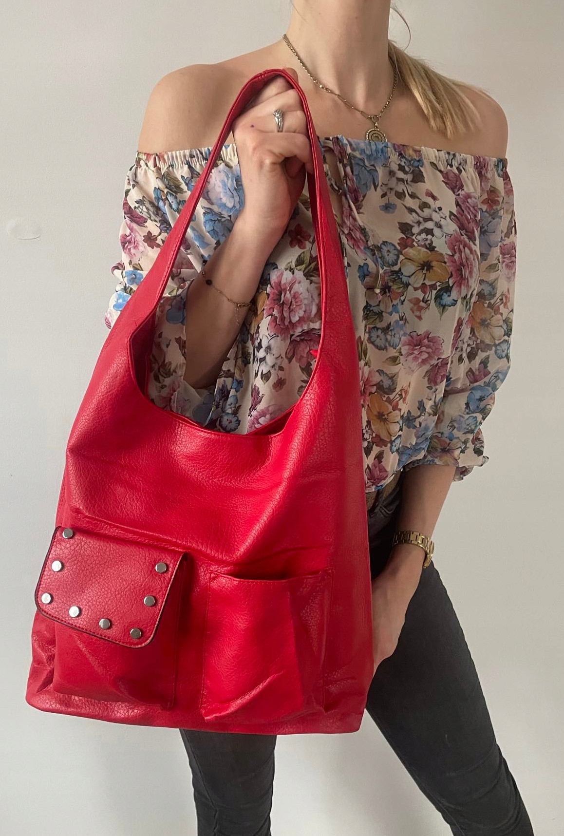 TOREBKA DAMSKA WOREK A4 dżety CZERWONA Model worek shopper