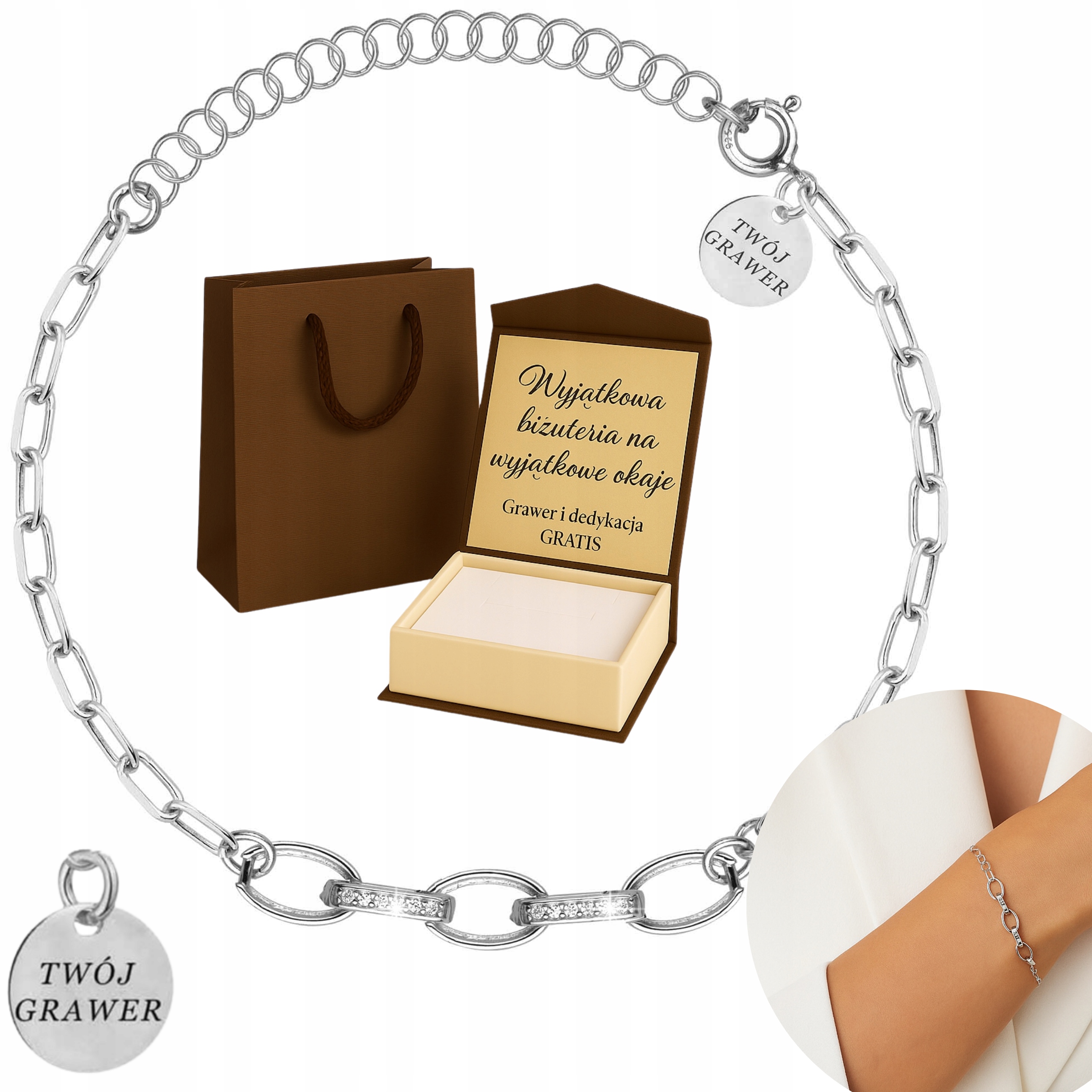 Stříbrný Náramek Povrchově Upravený Rhodiem, Dámský, Ryzost 925 Elegantní Zirkony Gravírování Bonus