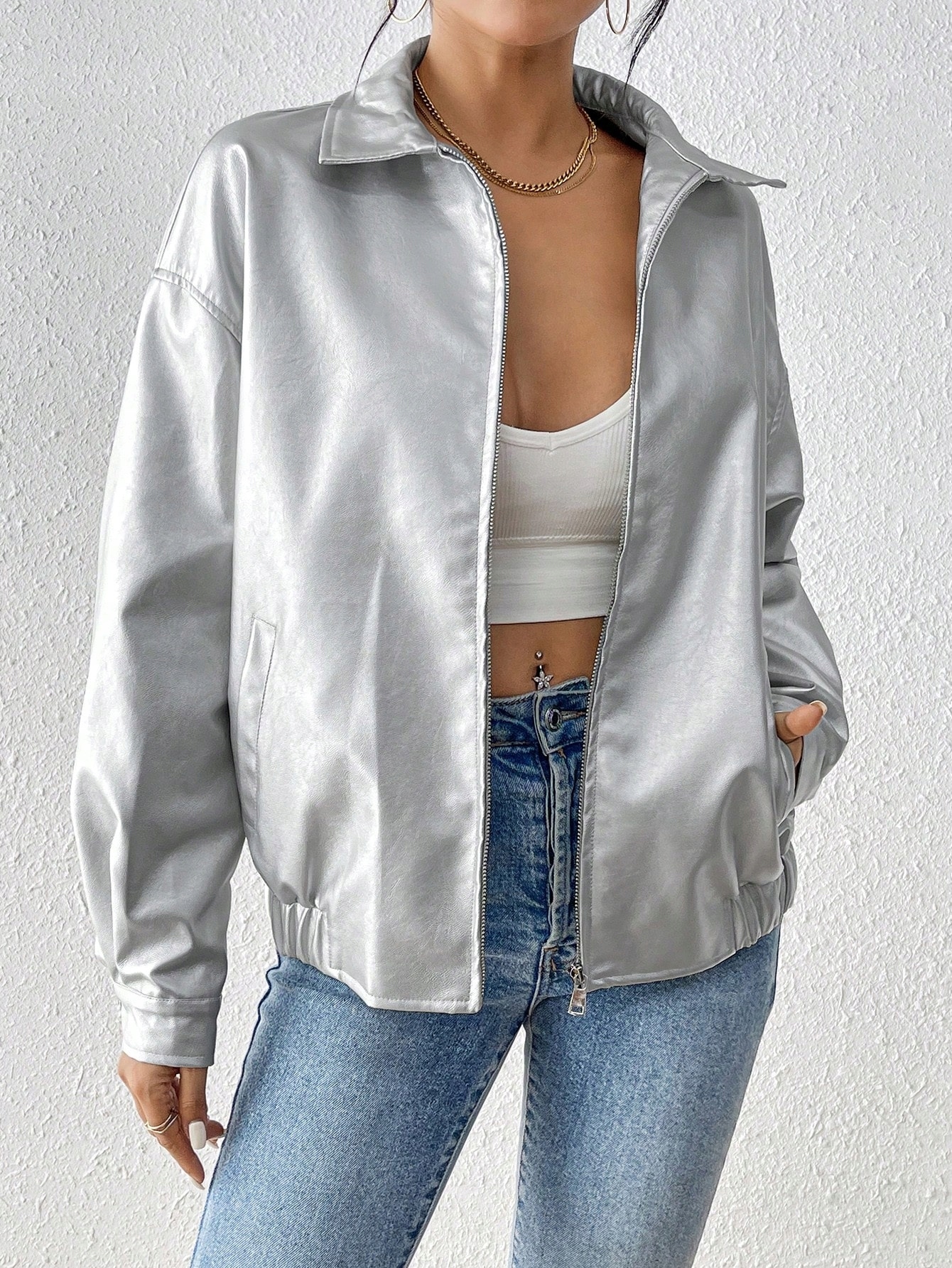 Bomber Kožená Bunda S Límečkem Stříbrná Casual Shein Xs 34