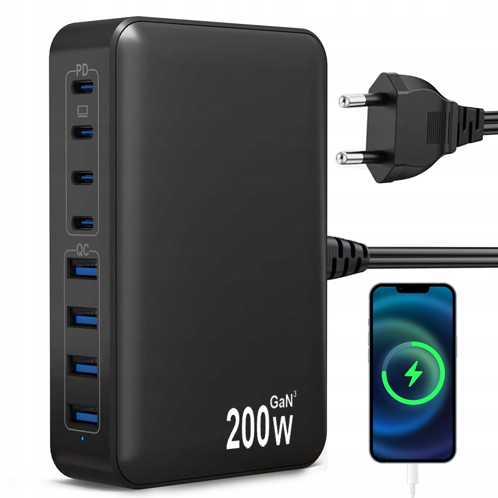 Wielofunkcyjna Ładowarka 200W GaN III 8-w-1,GNIAZDA 4 Usb-c 4xUSB-A