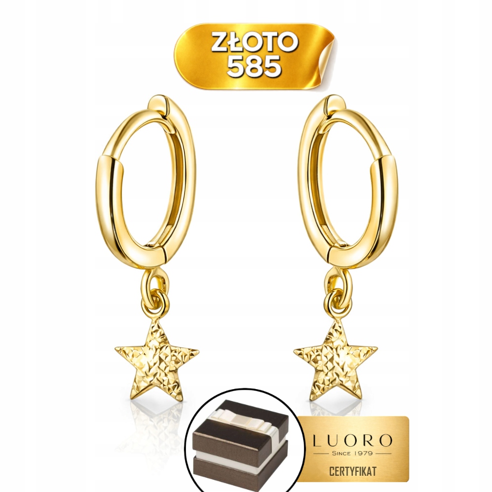 Náušnice Zlaté 585 14K Kroužky S Diamantovou Hvězdičkou 21 MM Kreol