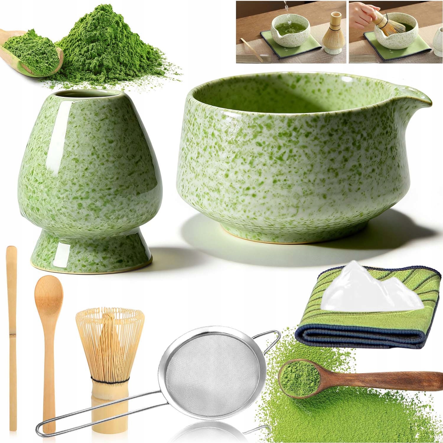 Levně Keramická Sada Na Matchu 8V1 Šálek Metla Čajová Lžička Matcha