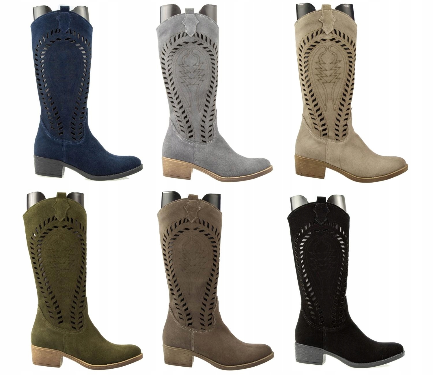 Damskie kozaki skórzane kowbojki ażurowe Szare 37 Rozmiar 37