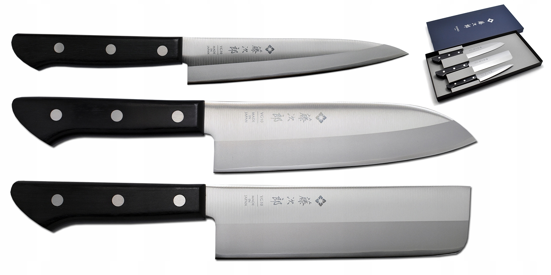 Sada 3 japonských nožov Tojiro Basic VG-10 Santoku, Nakiri, Petty knife