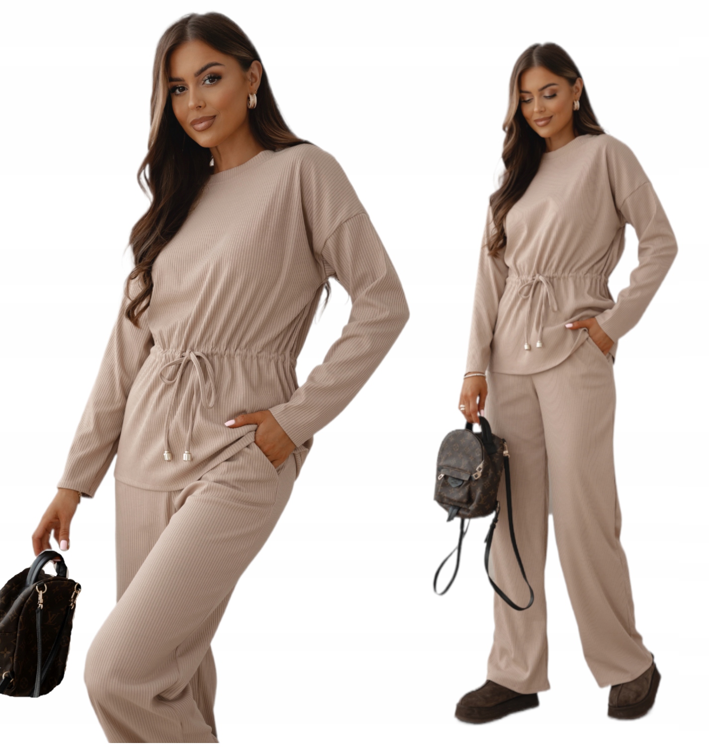 Komplet Pletených Kalhot Halenka Elegantní Zavazovací Pas Polský Teplákovka Béžová M