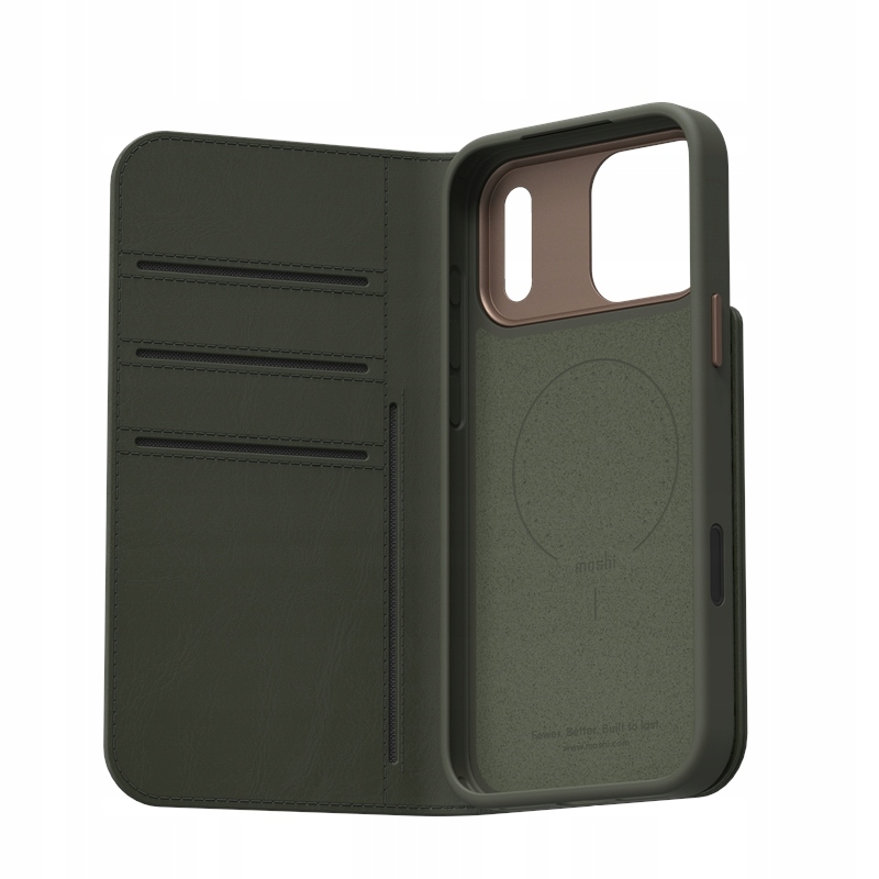 Moshi Overture MagSafe – Kožené pouzdro 3v1 s klopou pro iPhone 17 Pro Max (Moss)
