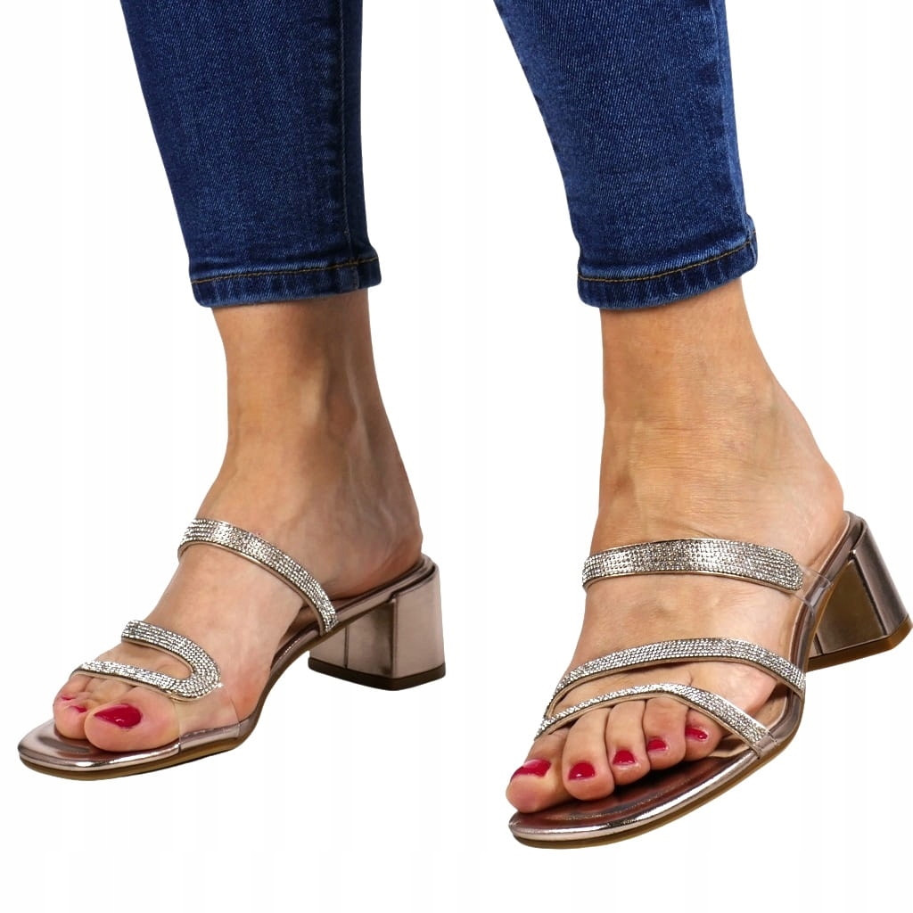 Měděné Nazouváky Na Podpatku, Transparentní Proužky Se Zirkony, Pohodlné New