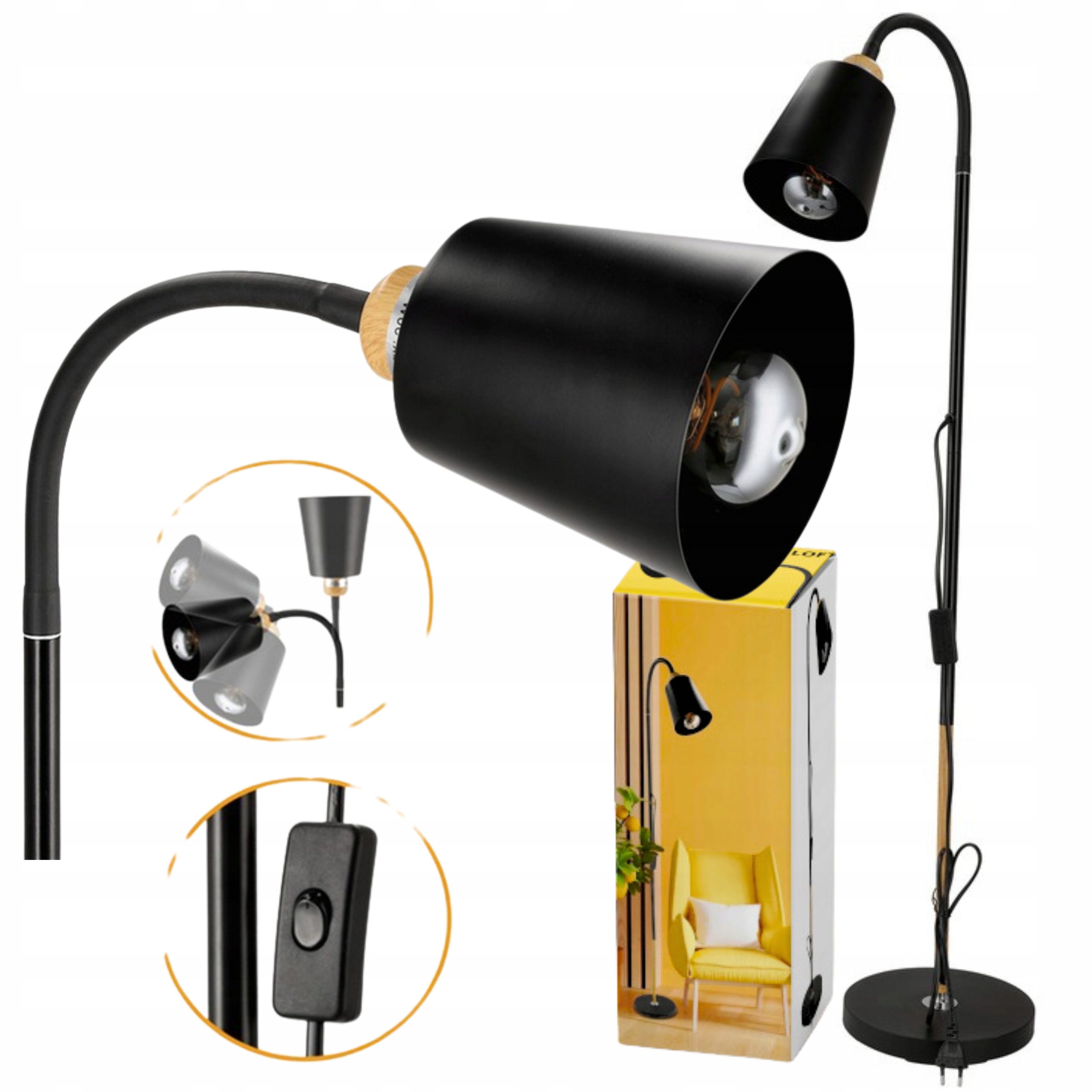 Stojacia podlahová lampa Loft Led E27 do obývačky, izby, domu, Čierna, 150 cm