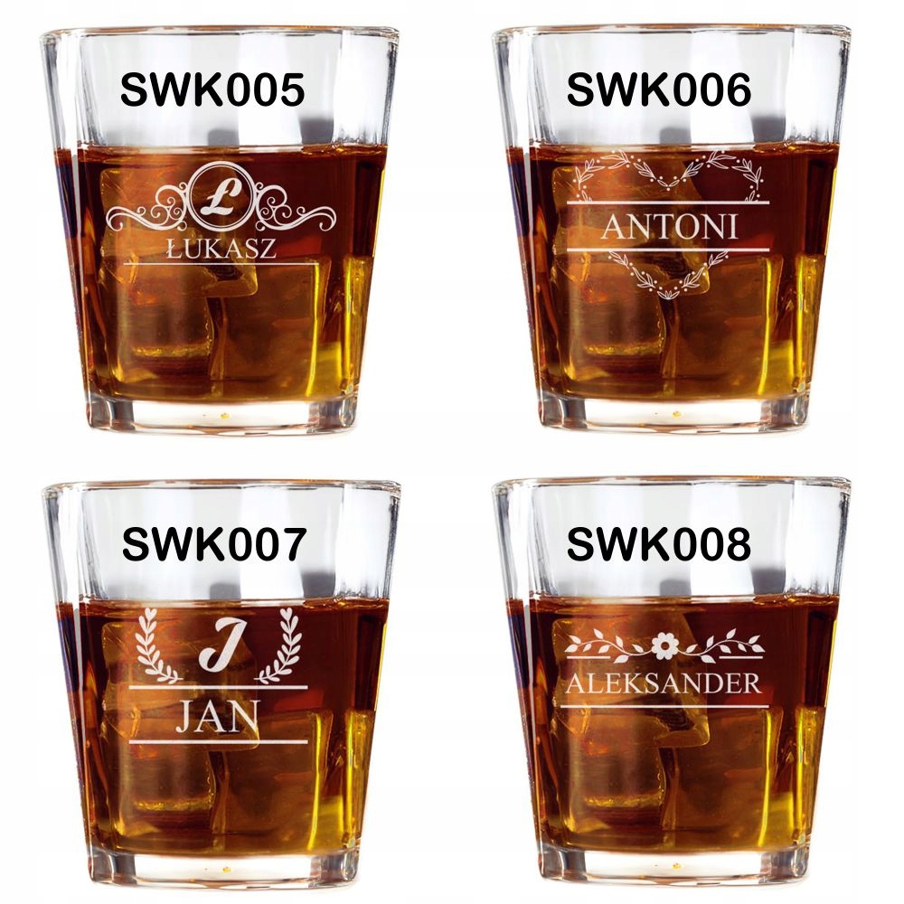 6x Szklanka do Whisky z Imieniem Grawerem Personalizowana na Prezent Wzory Pojemność 280 ml