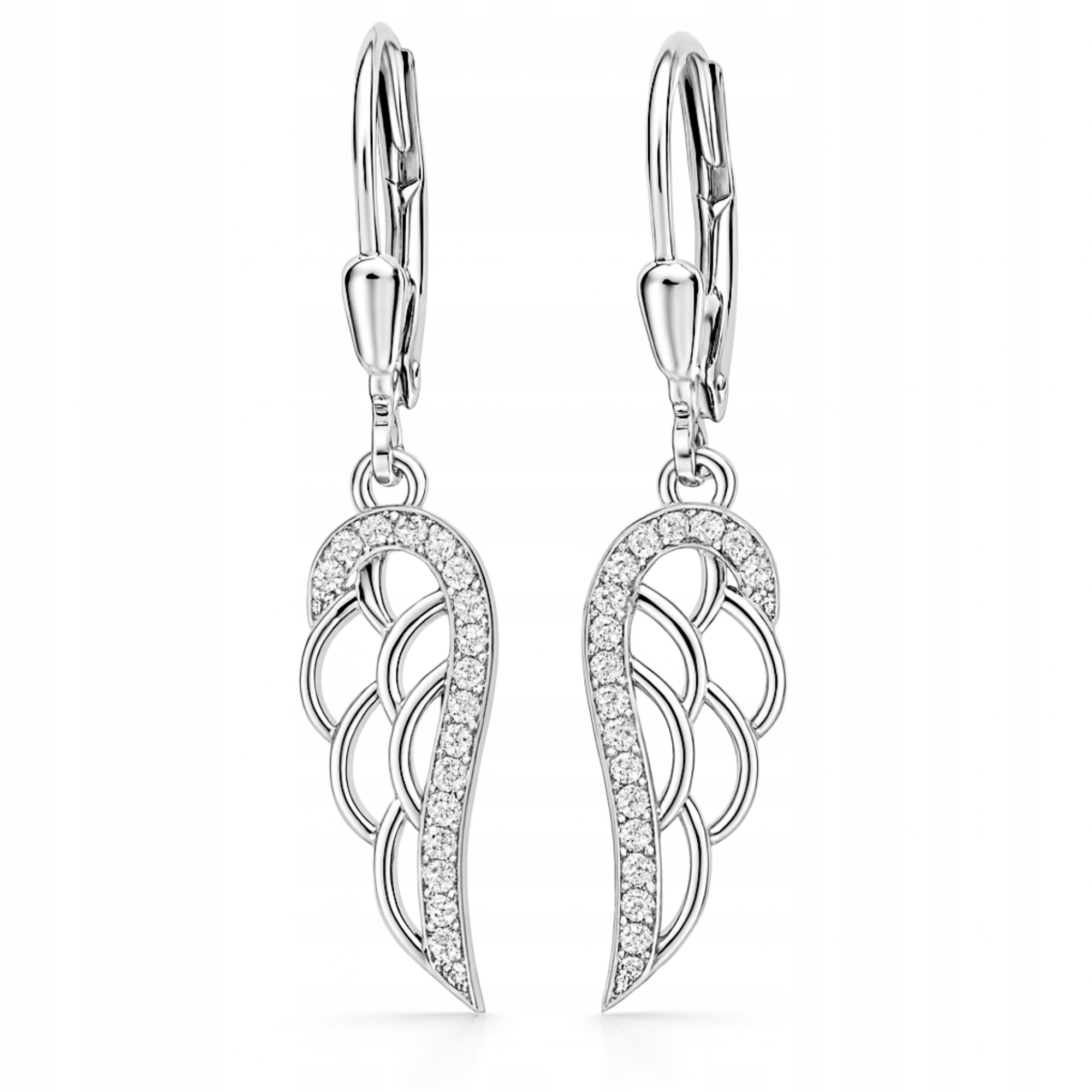 Srebrne Kolczyki 925 Skrzydła Anioła Modne Wiszące z Cyrkoniami