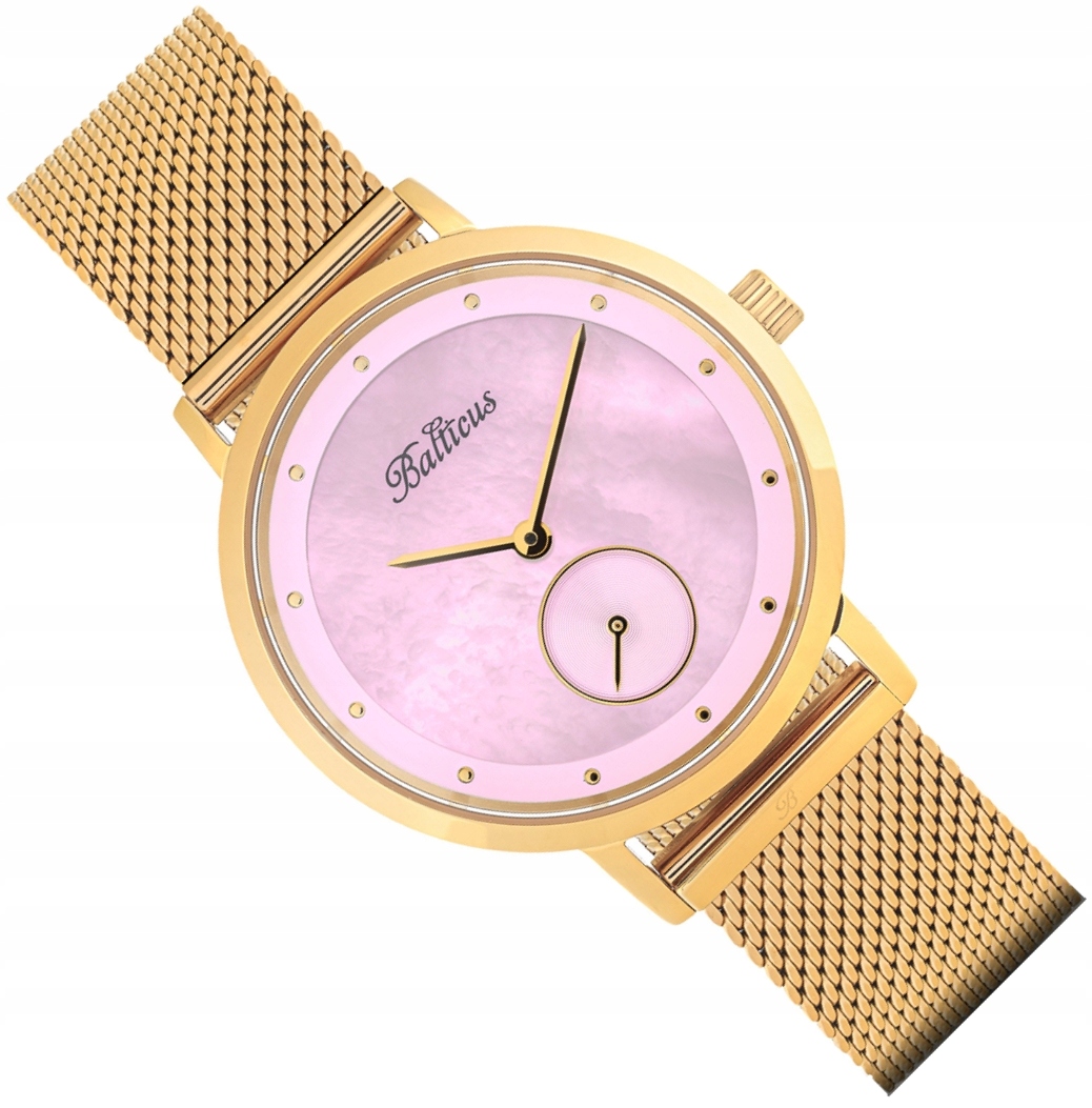 Elegantní Polský Dámské Hodinky Balticus Gold Pink Pearl Set Mesh Pásek