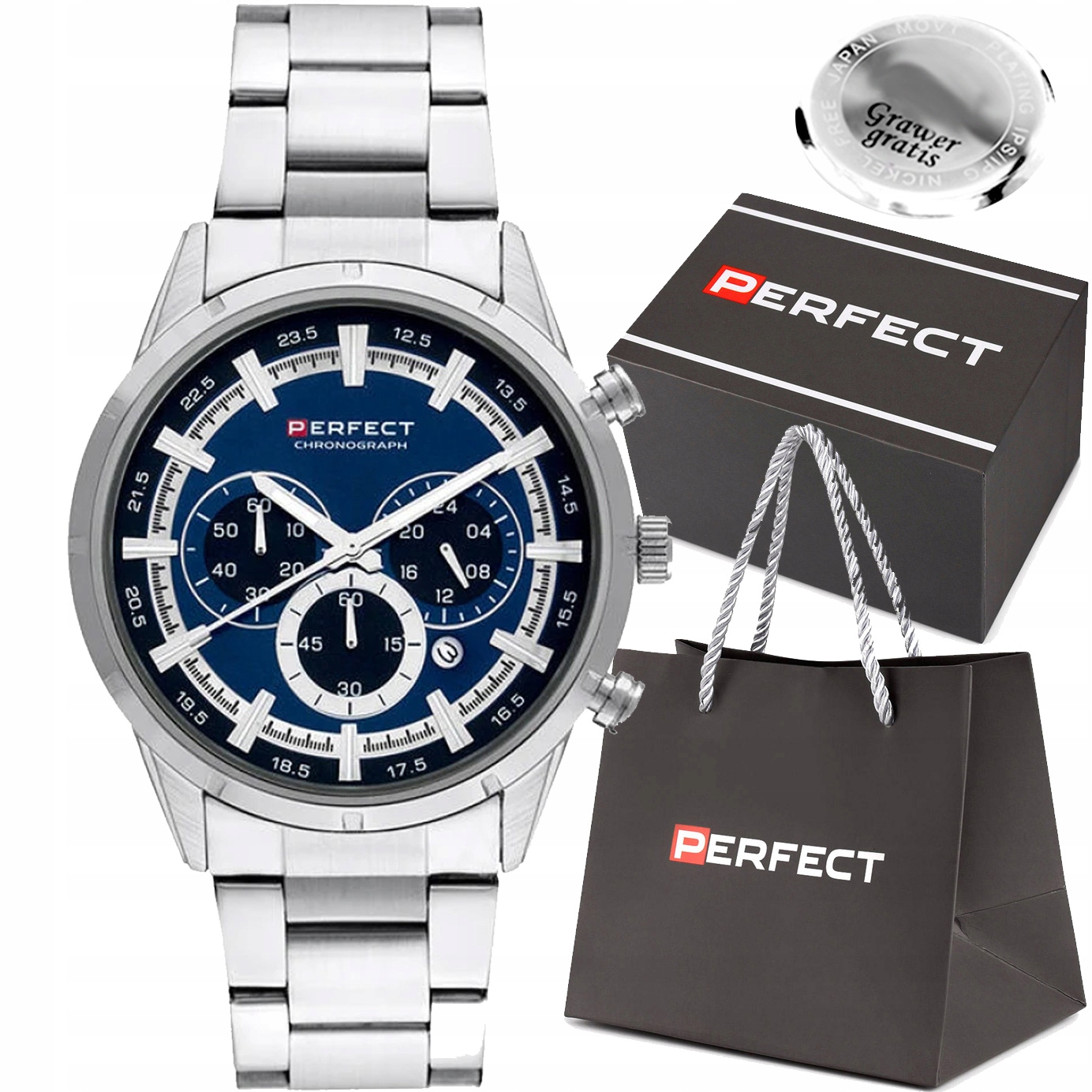 Pánské hodinky Perfect Rocco na náramku Chronograf datumovka Gravírování Box