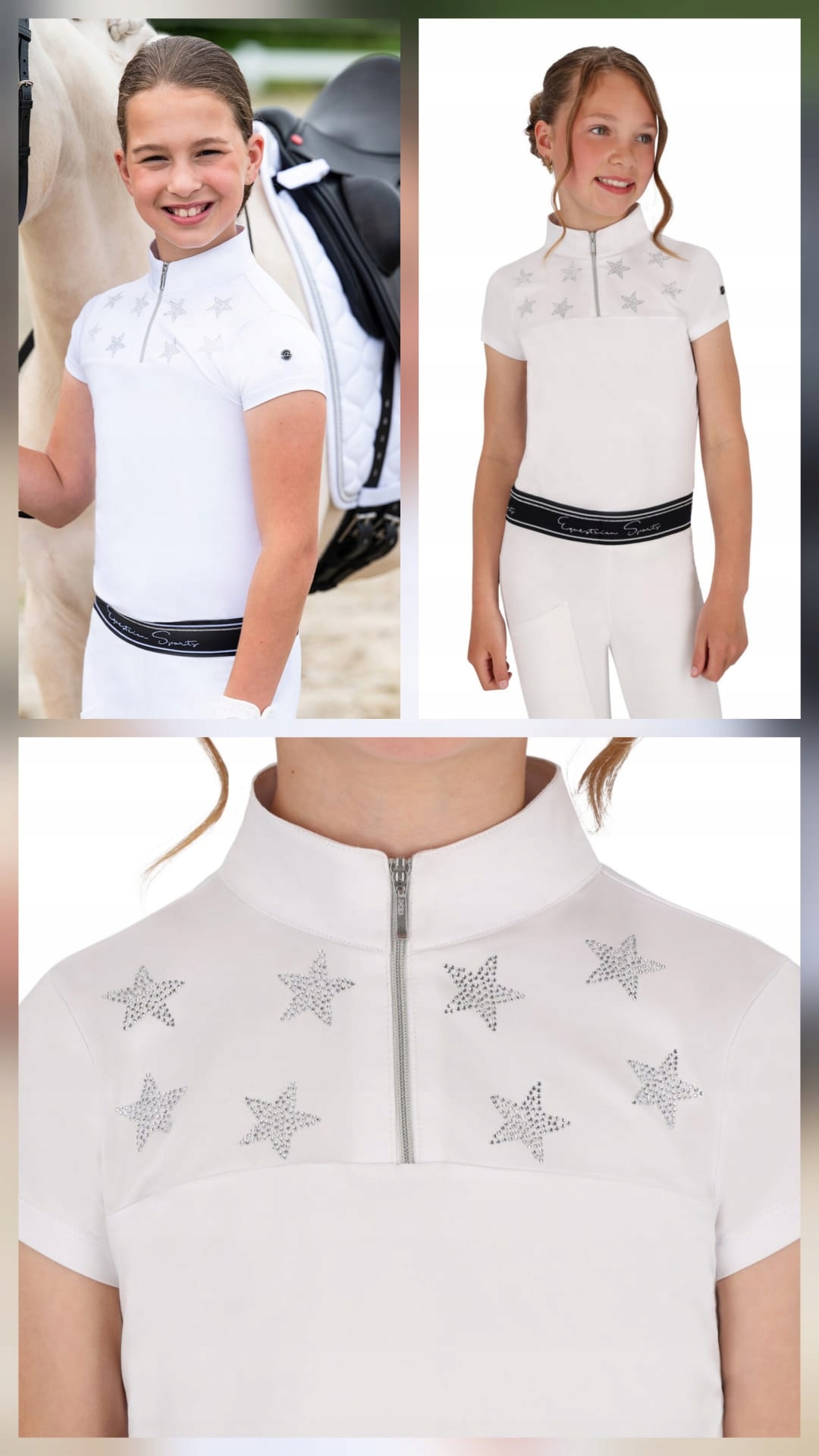 Koszulka konkurs Jipp junior krótki rękawy kryształki Qhp white biała 152