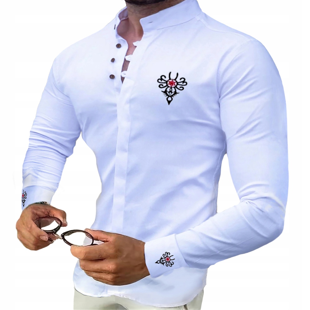 Košile Elegantní bavlněná stojáček bez límce Elastická, efektní výšivka