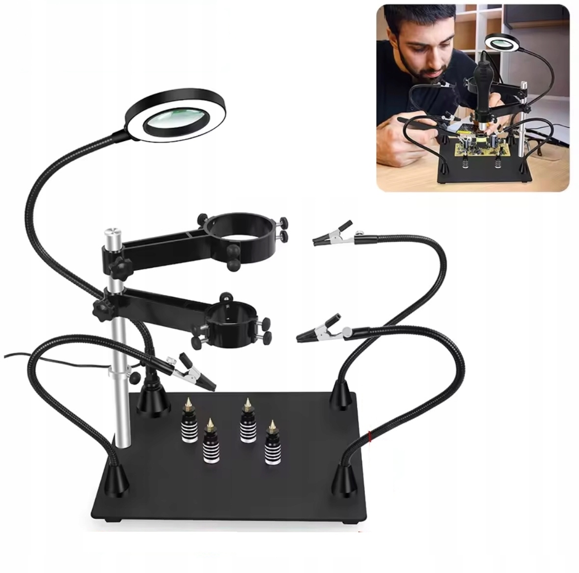Magnetický držák pro pájení s Led lupou s klipy Třetí ruka Elastický