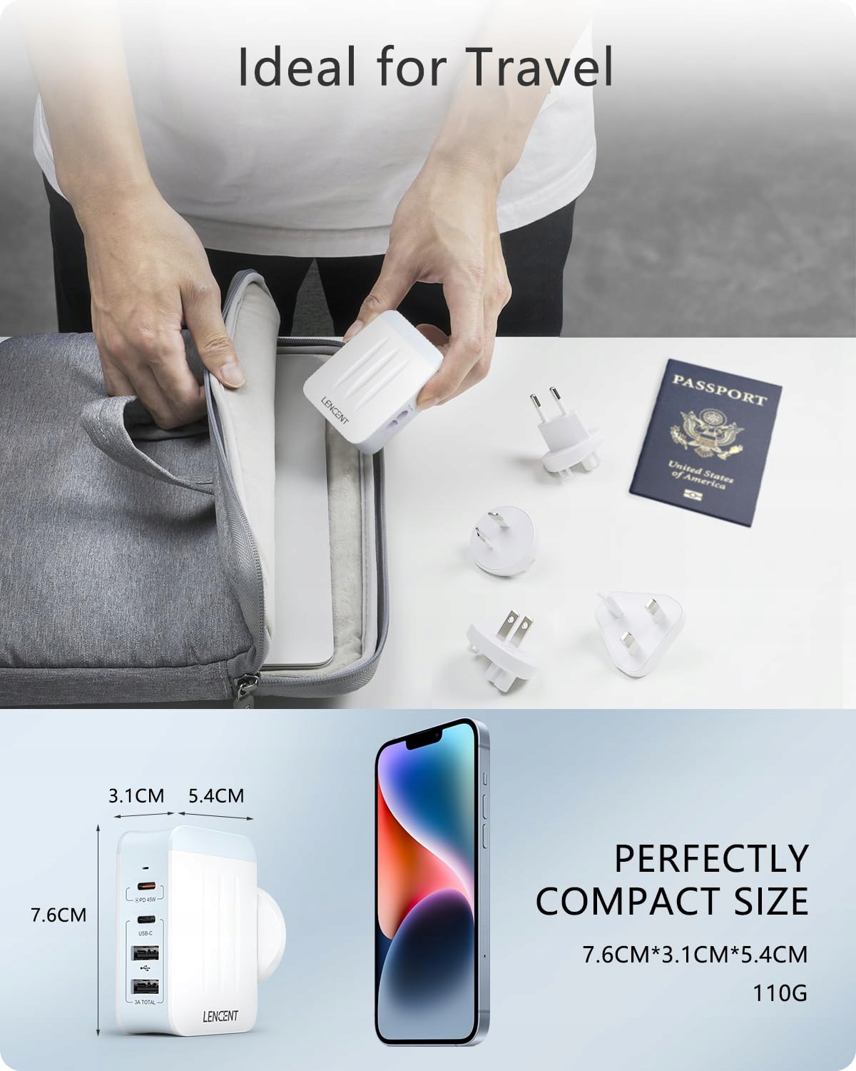 LENCENT Adapter Podróżny USB 45W Typ-C USB Wielofunkcyjny Biały — miniatura 7