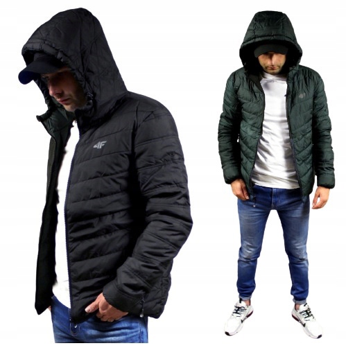 4F ZIMOWA DWUSTRONNA męska kurtka z KAPTUREM czarna zielona CIEPŁA