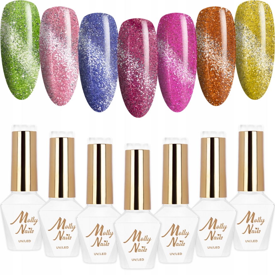 7x Lakier Hybrydowy Mollynails Cat Eye Glacier Crush Zestaw 7w1 Wiosenny