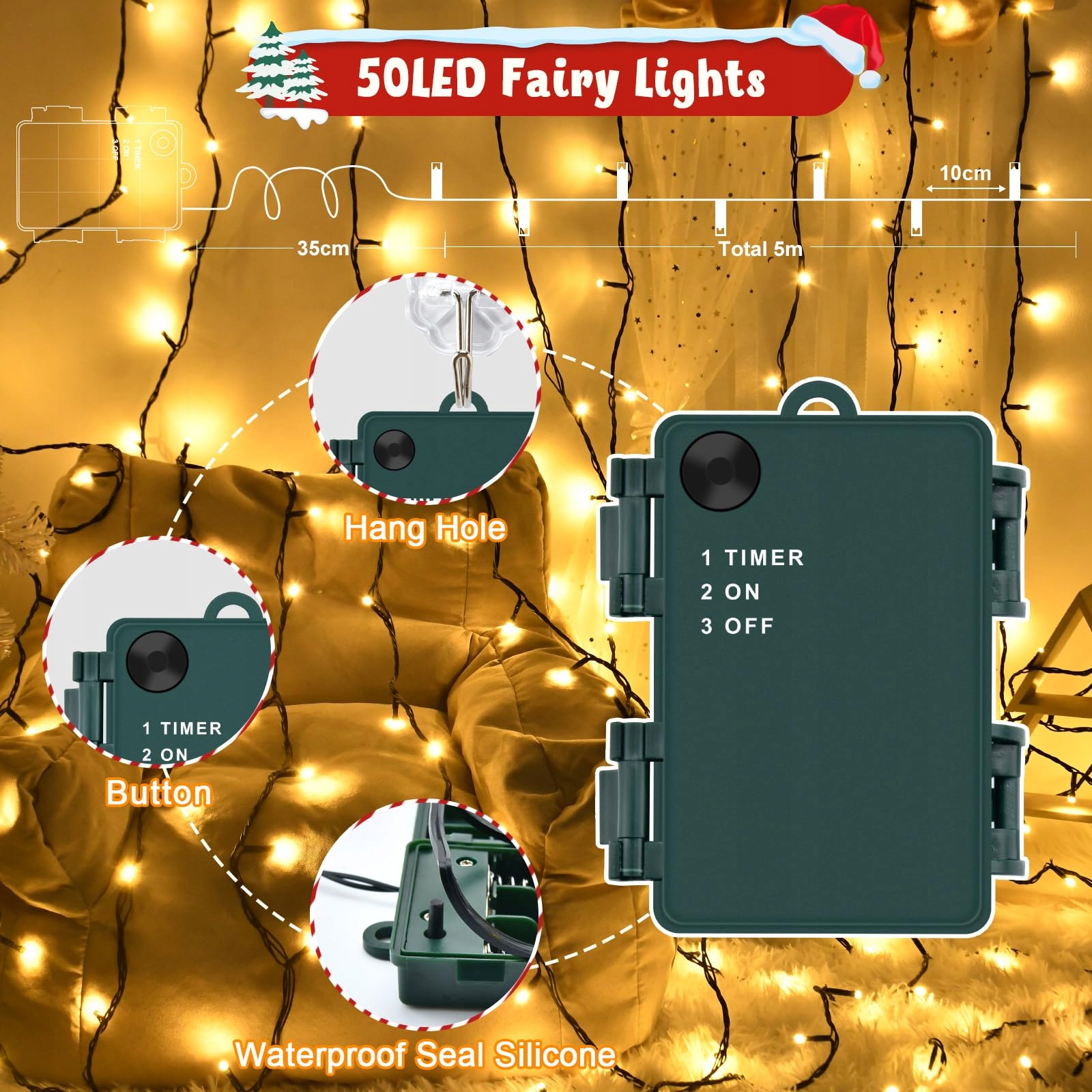 GCSTNN Lampa LED 10M 100LED Ciepła Biała Na Baterie IP65 Do Ogrodu — miniatura 6