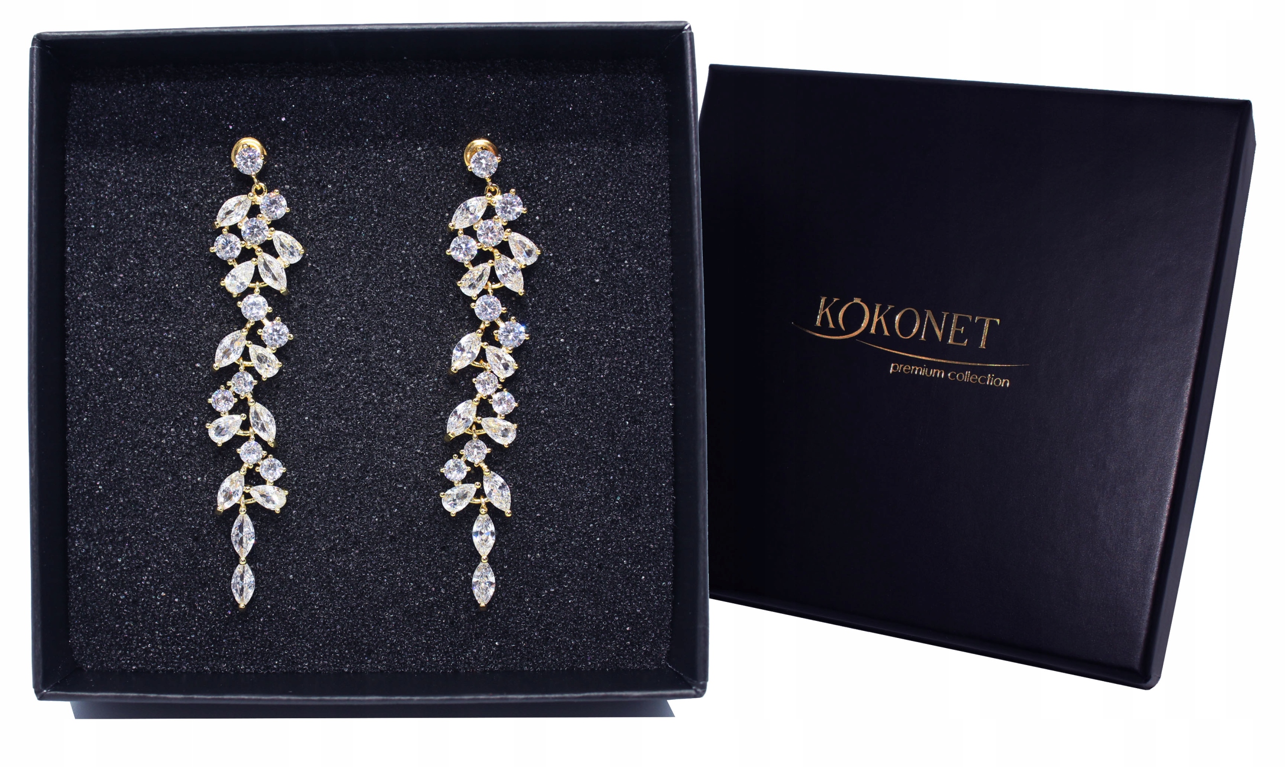 Dlouhé svatební Náušnice , visící, zlaté lístky, květinový vzor