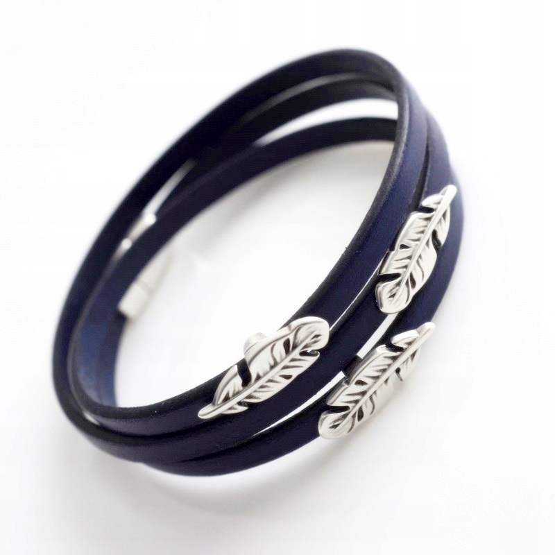 Bransoletka skórzana granatowa 5mm piórko
