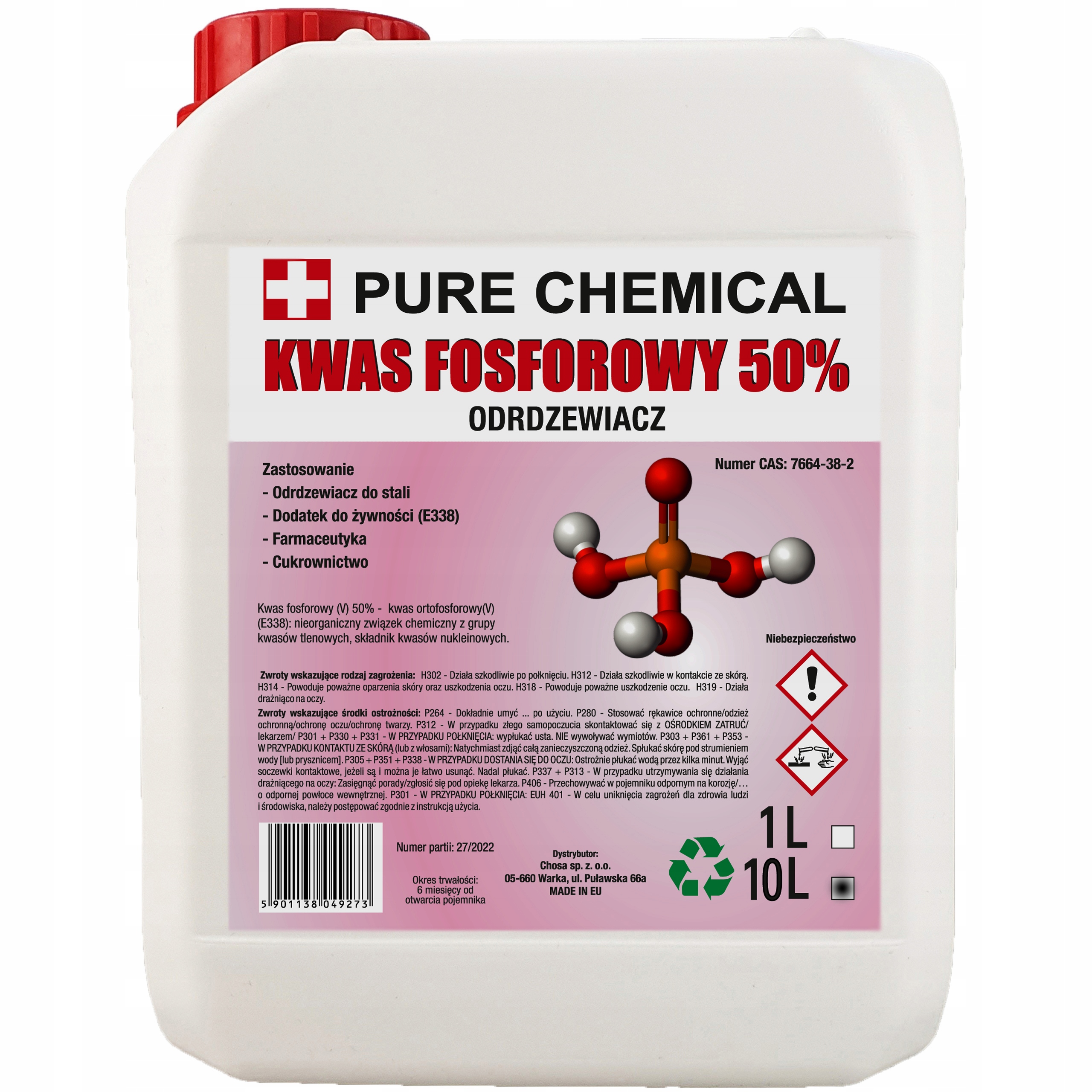 ODRDZEWIACZ DO STALII I ŻELIWA KWAS FOSFOROWY 10L 50% PURE CHEMICAL