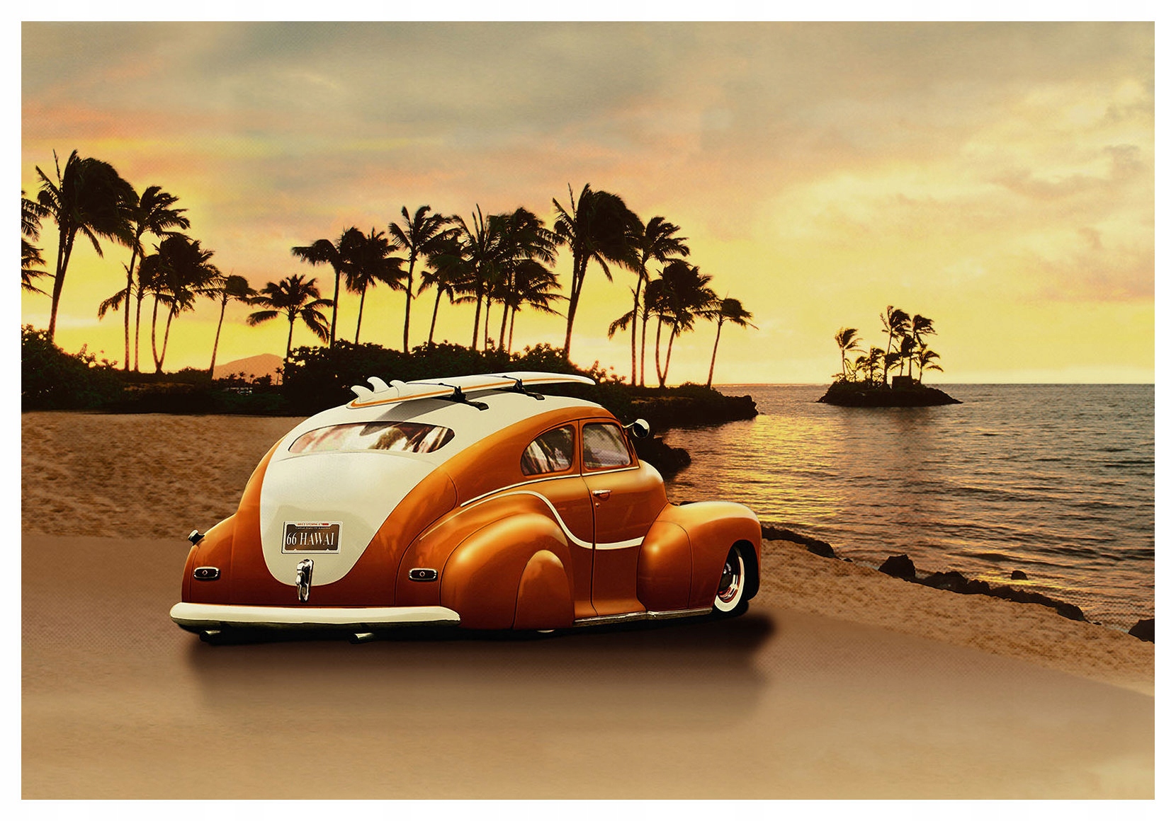 Tapeta Retro auto na pláži při západu slunce 254x184 Plážová atmosféra lepidlo