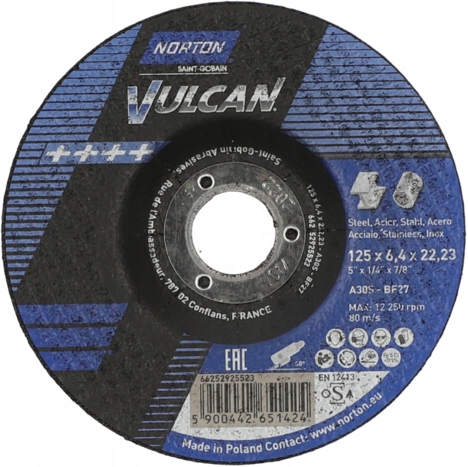 Norton Tarcza Do Szlifowania Vulcan 125mm x 6,4mm A30S Do Metalu 1 szt..
