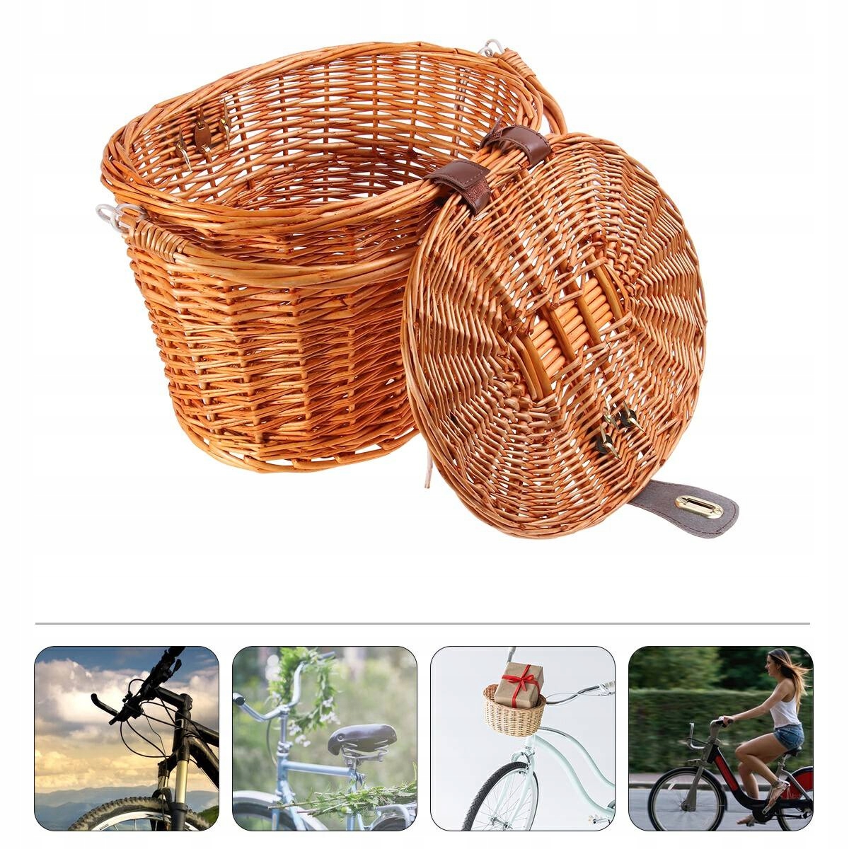 Praktyczny Koszyk Rowerowy Wiklinowy z Pokrywą i Uchwytem
