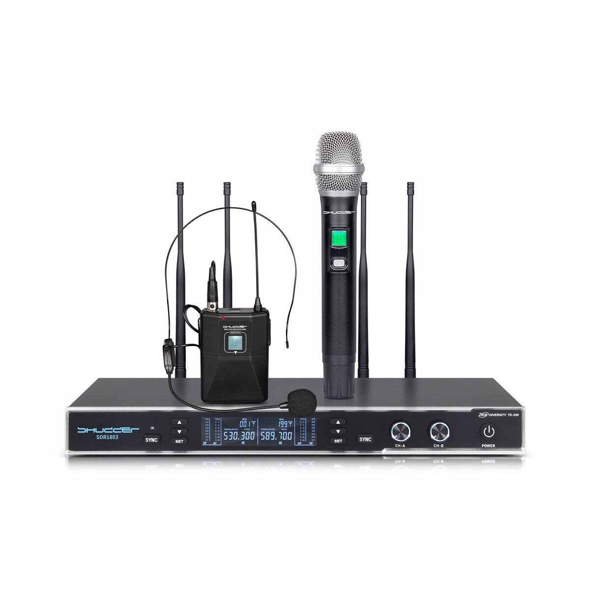 Mikrofony Shudder 2 mikrofony, Příruční Bodypack s náhlavním klipem SDR1803