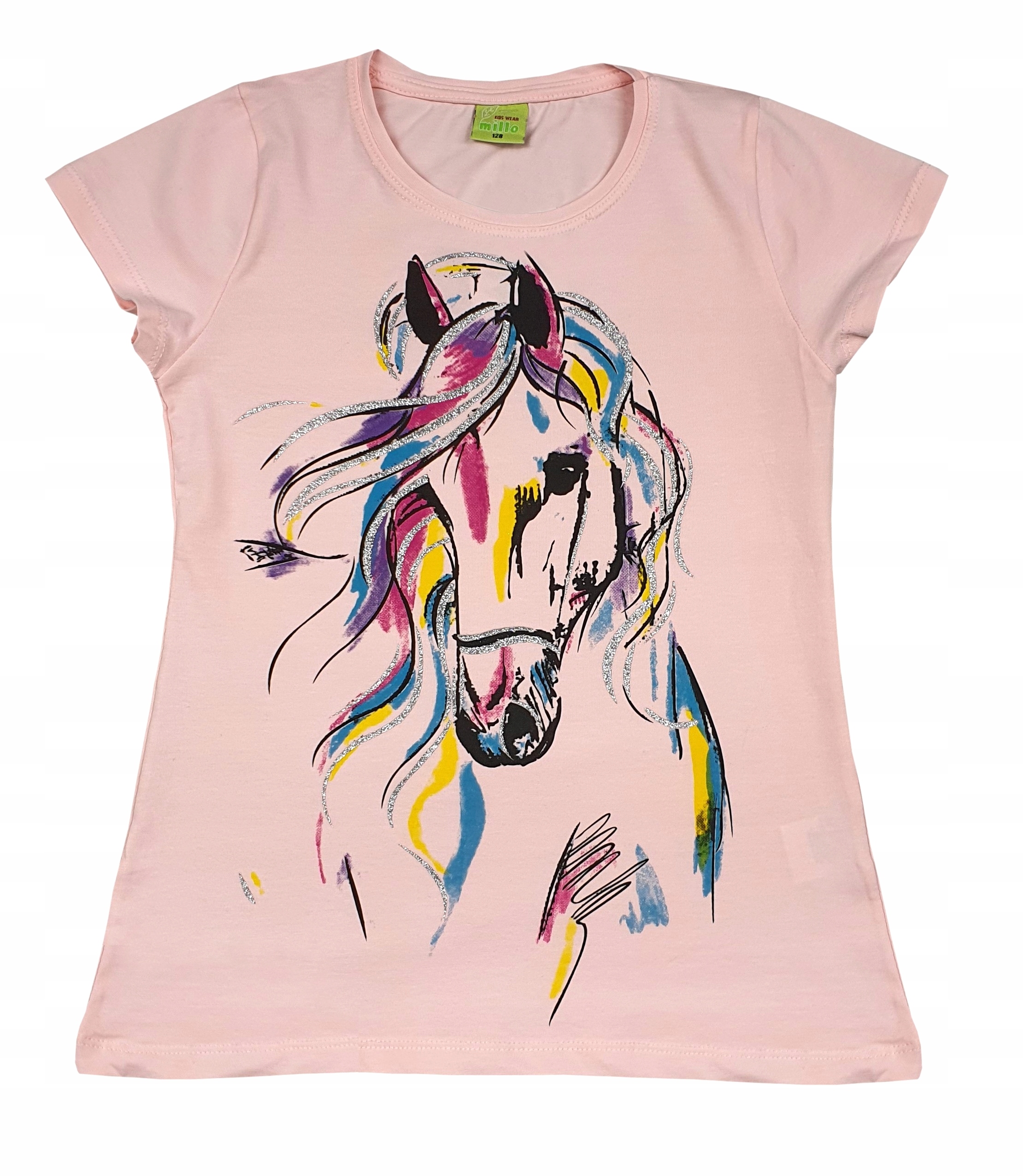 BLUZKA nadruk KOŃ brokat pudrowa RÓŻ 158 CK77