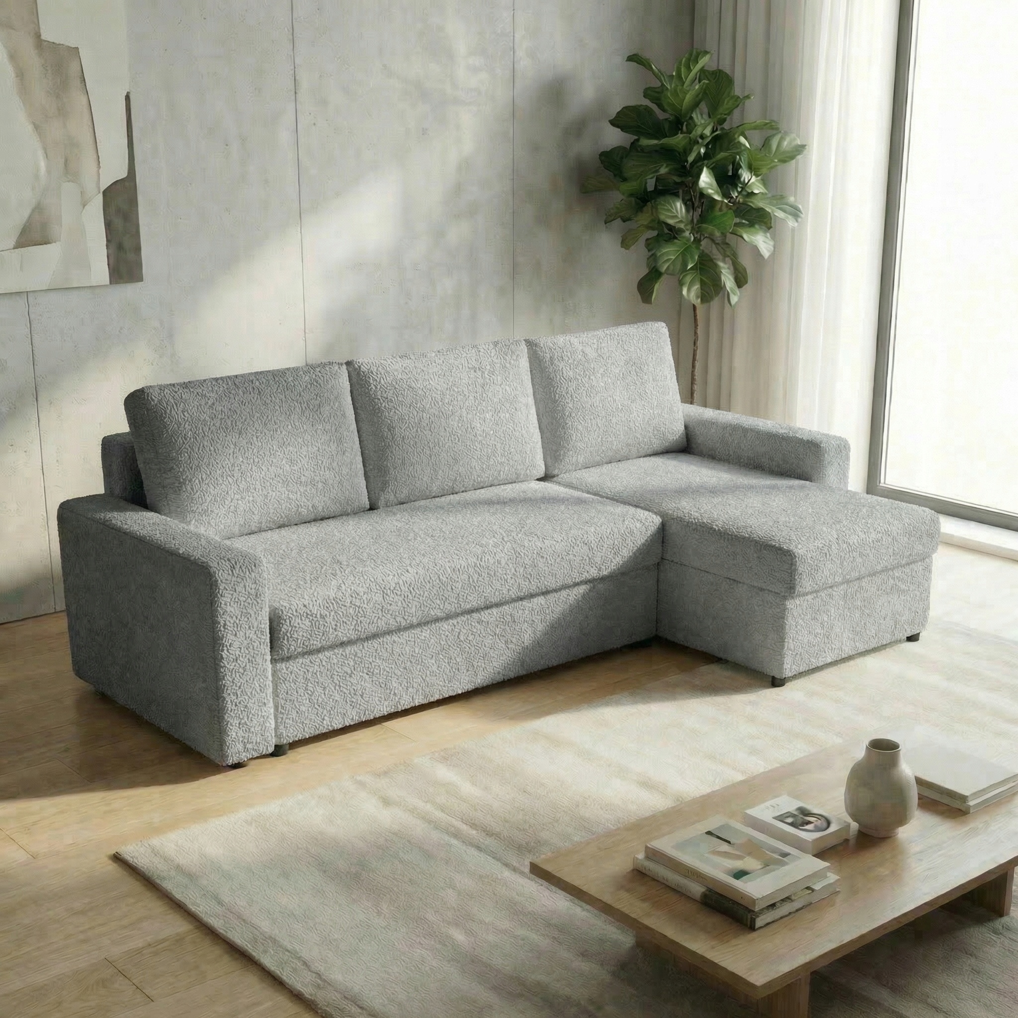 Rohová sedačka s funkcí spaní do obývacího pokoje Nirvana Plus boucle beránek šedý