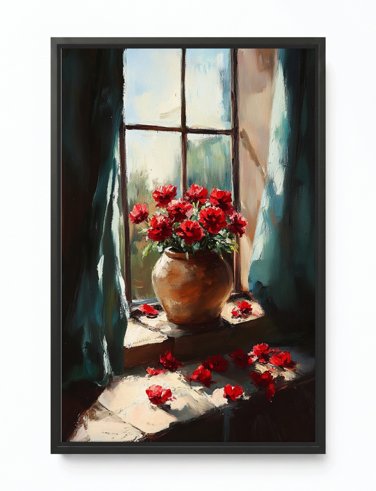 Obraz Rám Americký Box Červené Květiny V Okně Váza Růže Vintage 80x120