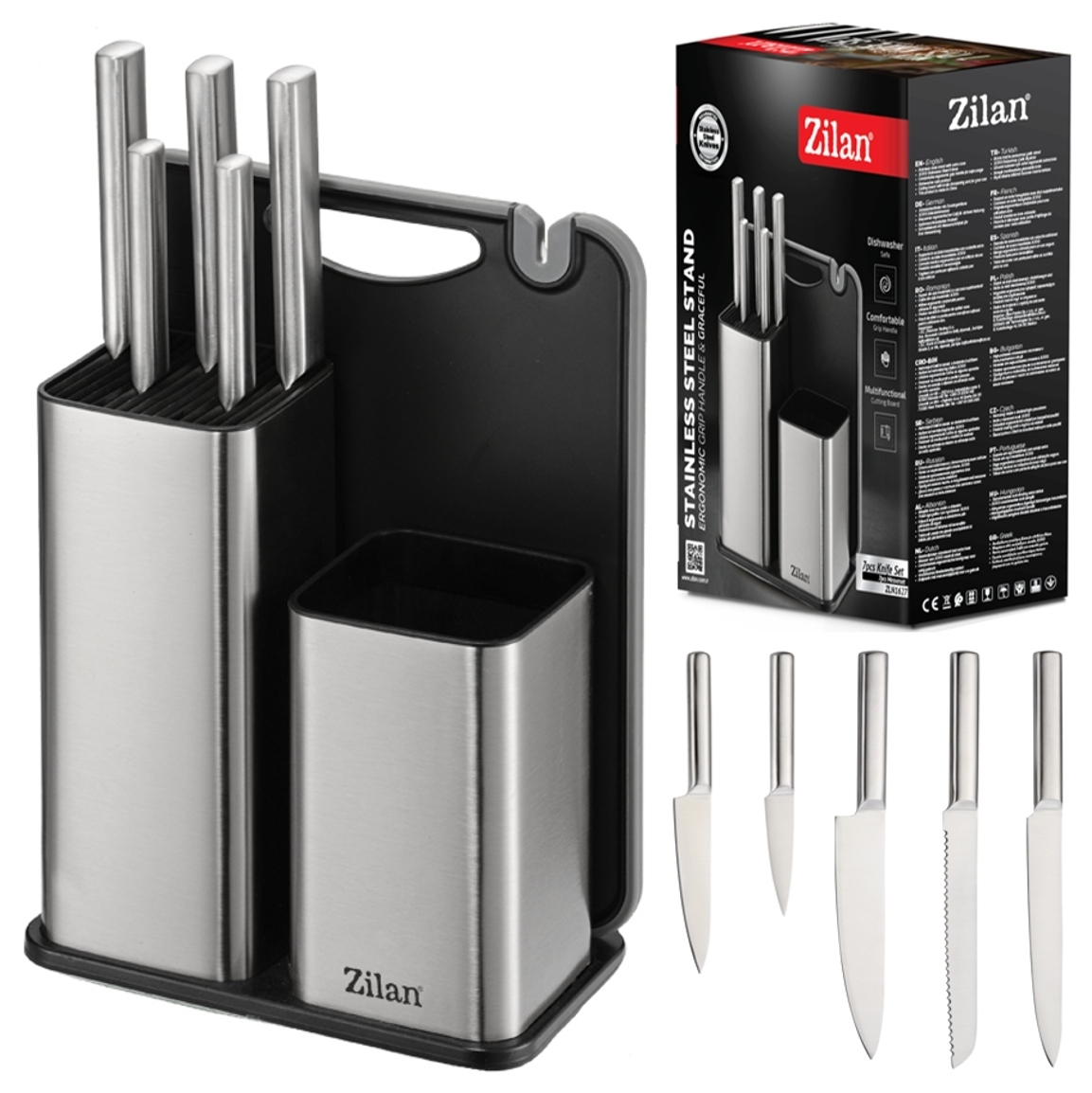 Sada Nožů Z Nerezové Oceli Na Podstavci S Deskou, 7 Prvků